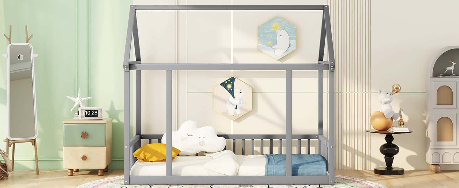 Twin Size Floor Wooden Bed with House Roof Frame and Safety Guardrails ,Gray