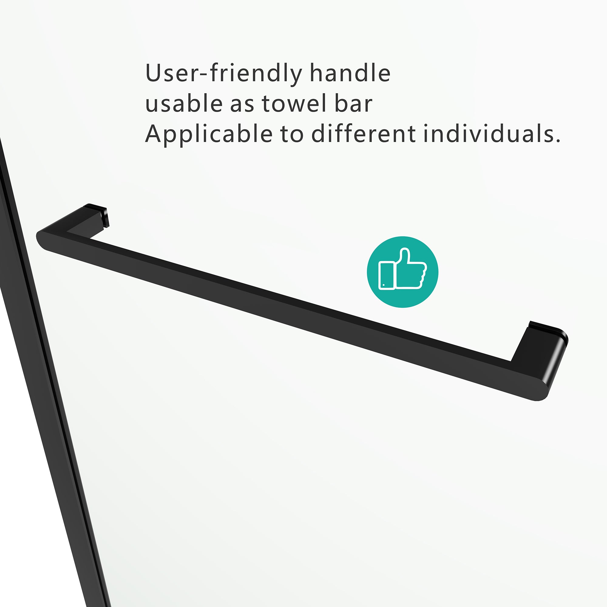 Matte black shower door towel bar and handle detail