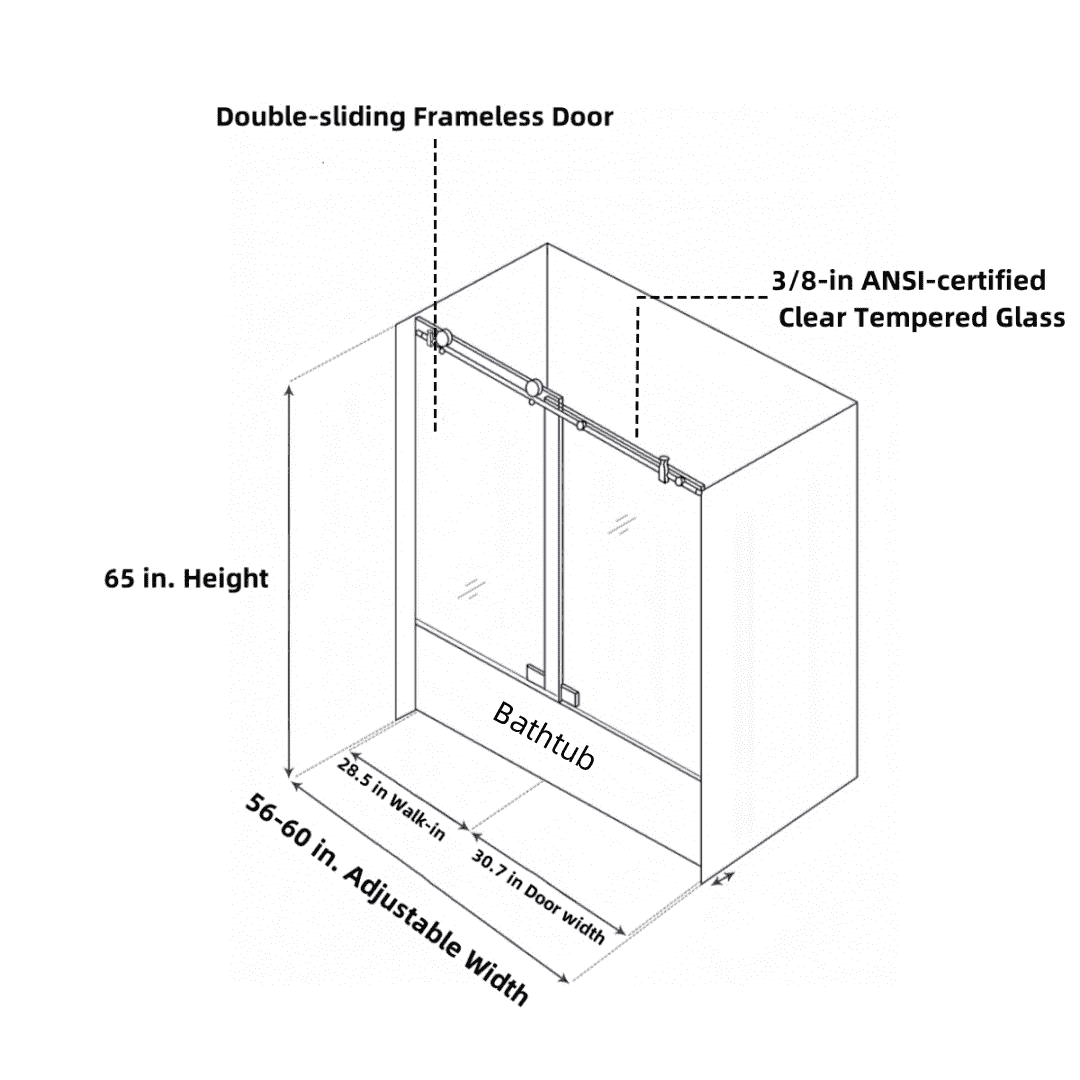 56-60"W x 65''H Frameless Double Sliding Tub Door, Bypass Tub Door Clear Glass Soft Closing in Chrome 23D02-T60C