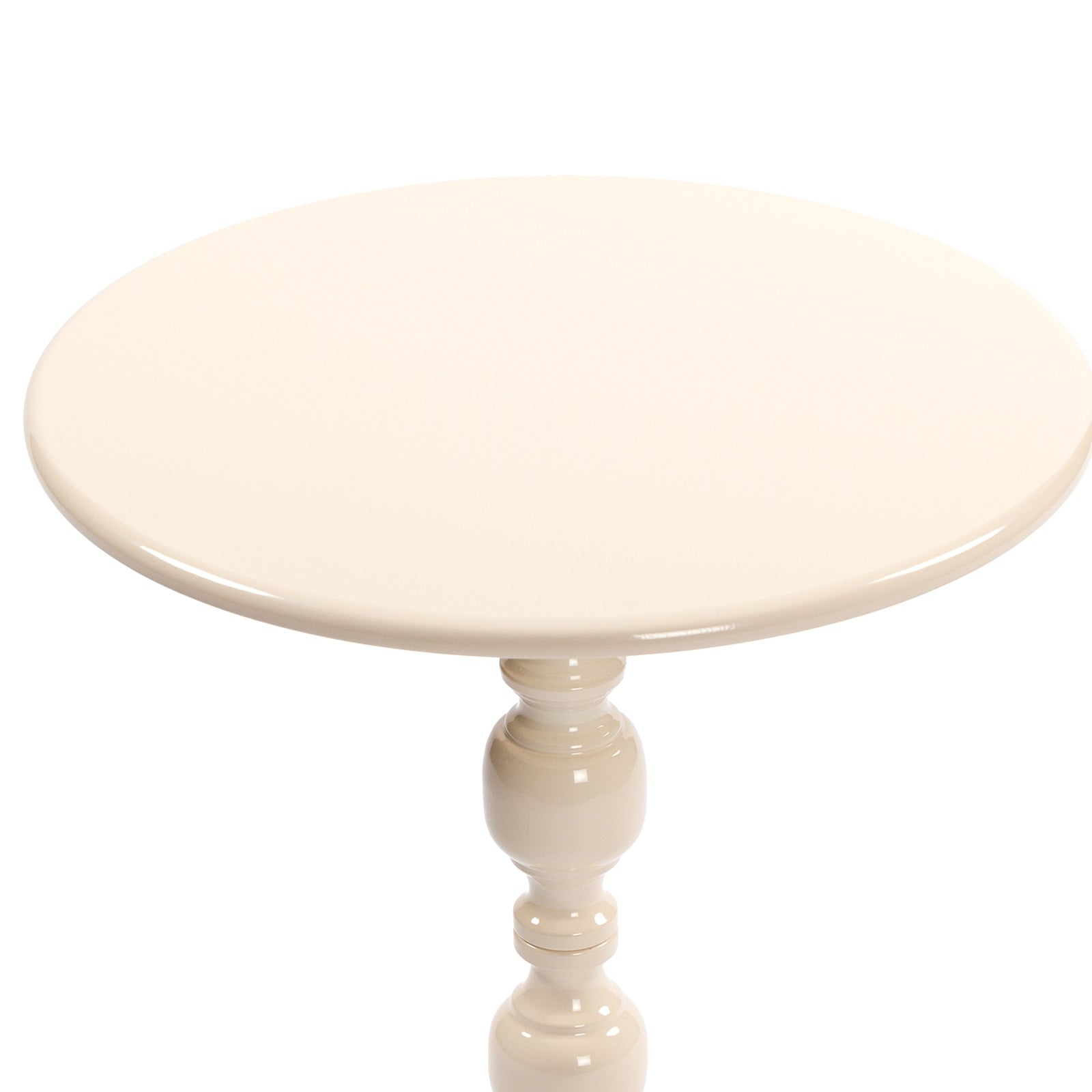 Round metal accent table, vintage finish, top surface detail