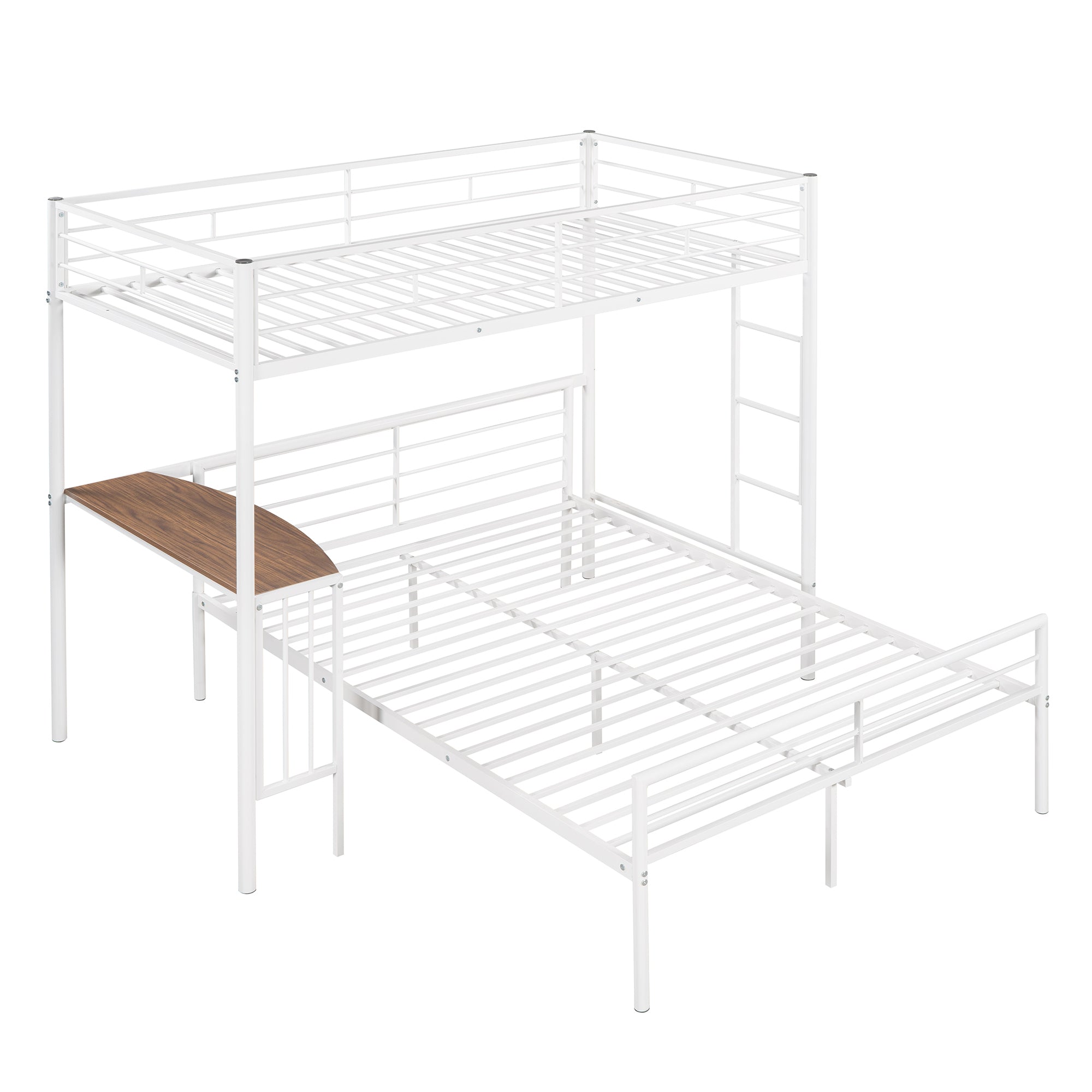 Twin Over Full Metal Bunk Bed with Desk, Ladder and Quality Slats for Bedroom, Metallic  White(OLD SKU :LP000092AAK)