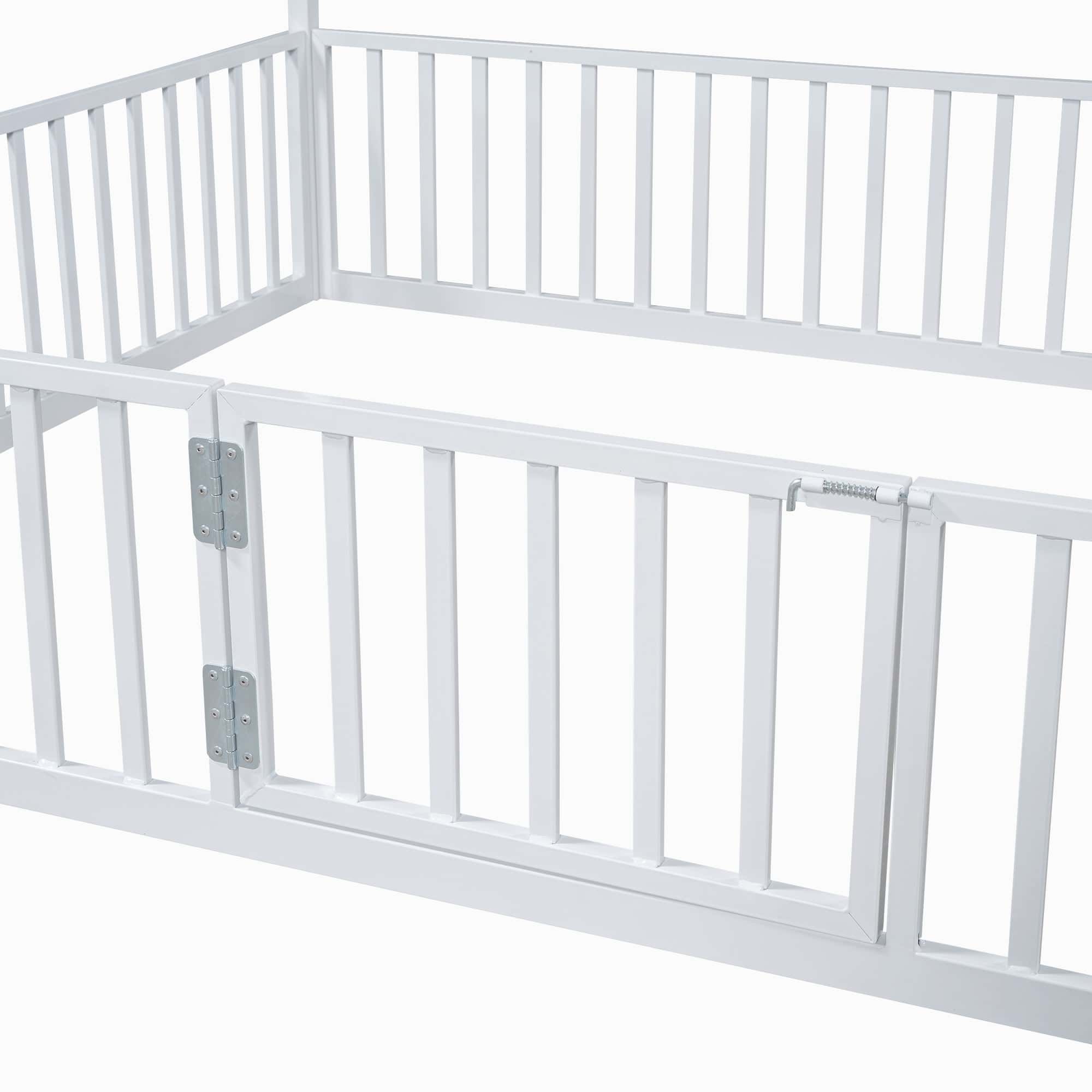 Twin Size Metal House Bed with Fence and Door, White