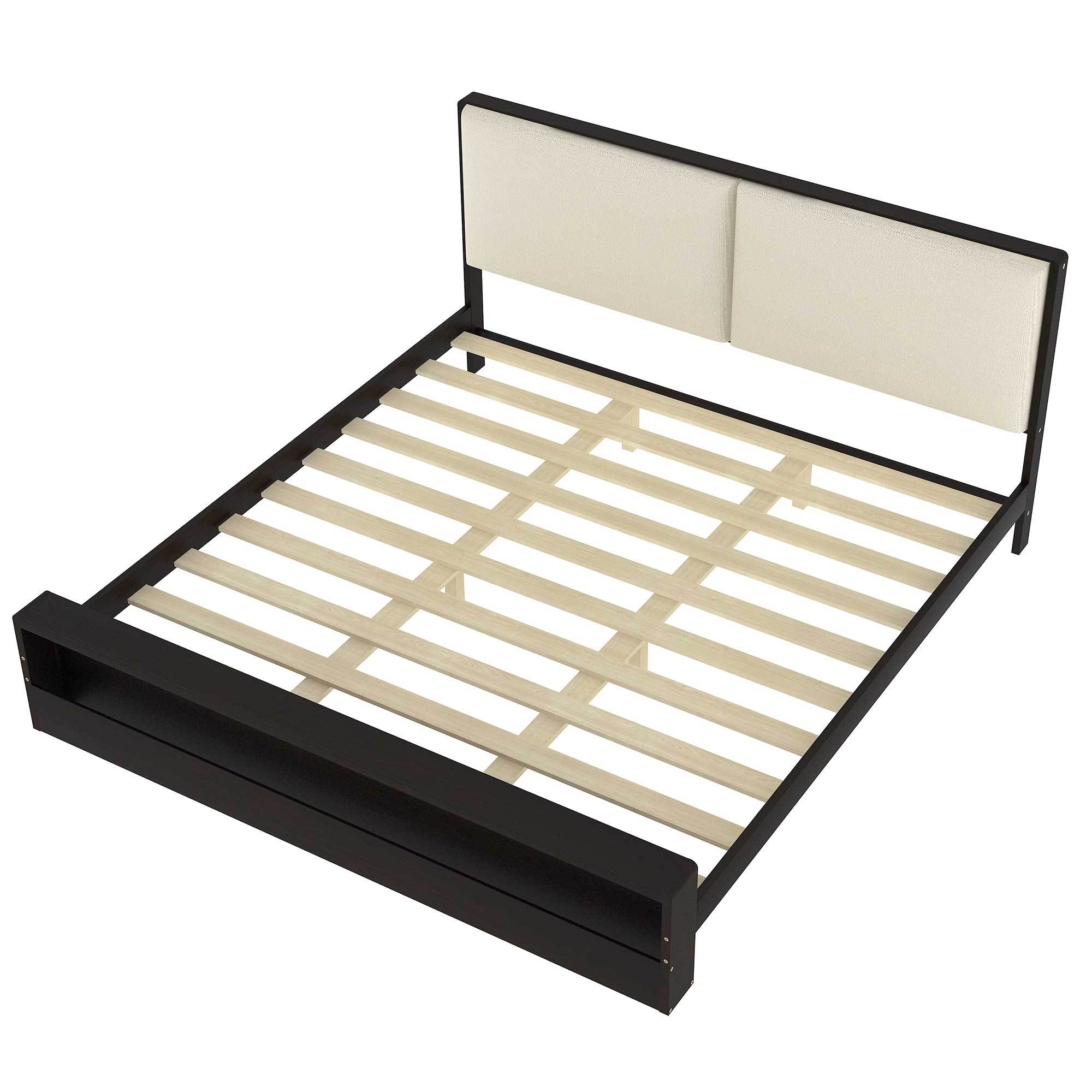 King Size Platform Bed Frame with Upholstery Headboard and Bookshelf in Footboard and LED Light Strips, Espresso