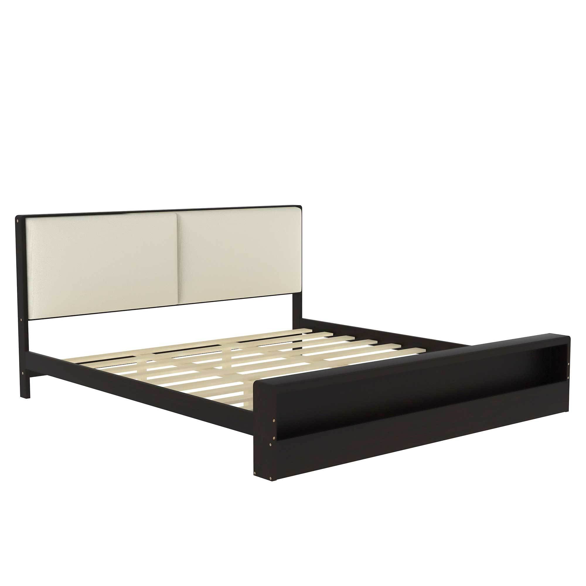 King Size Platform Bed Frame with Upholstery Headboard and Bookshelf in Footboard and LED Light Strips, Espresso