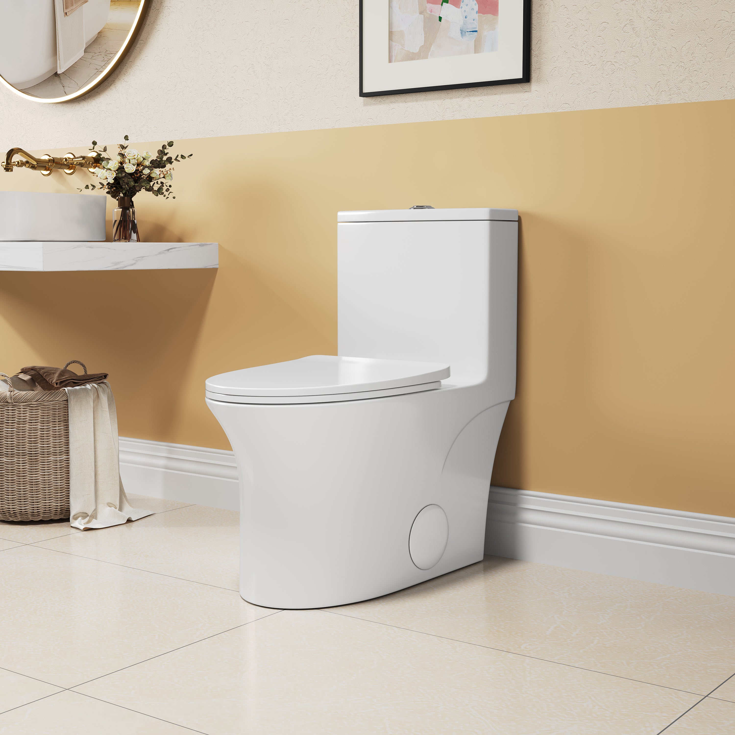 1.1/1.6 GPF Elongated Comfort Height Floor Mounted One-Piece Toilet, CUPC Certified, WaterSense Cetified, Ceramic, White Color, Soft Close Seat T039WT