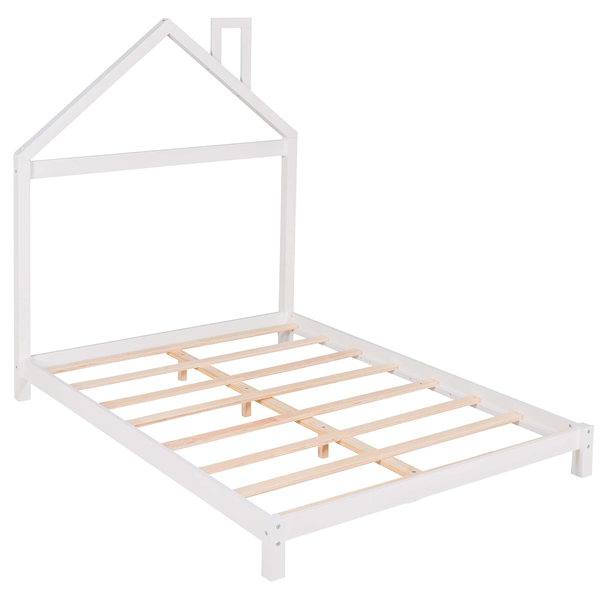 Full Size Wood Platform Bed with House-shaped Headboard (White)