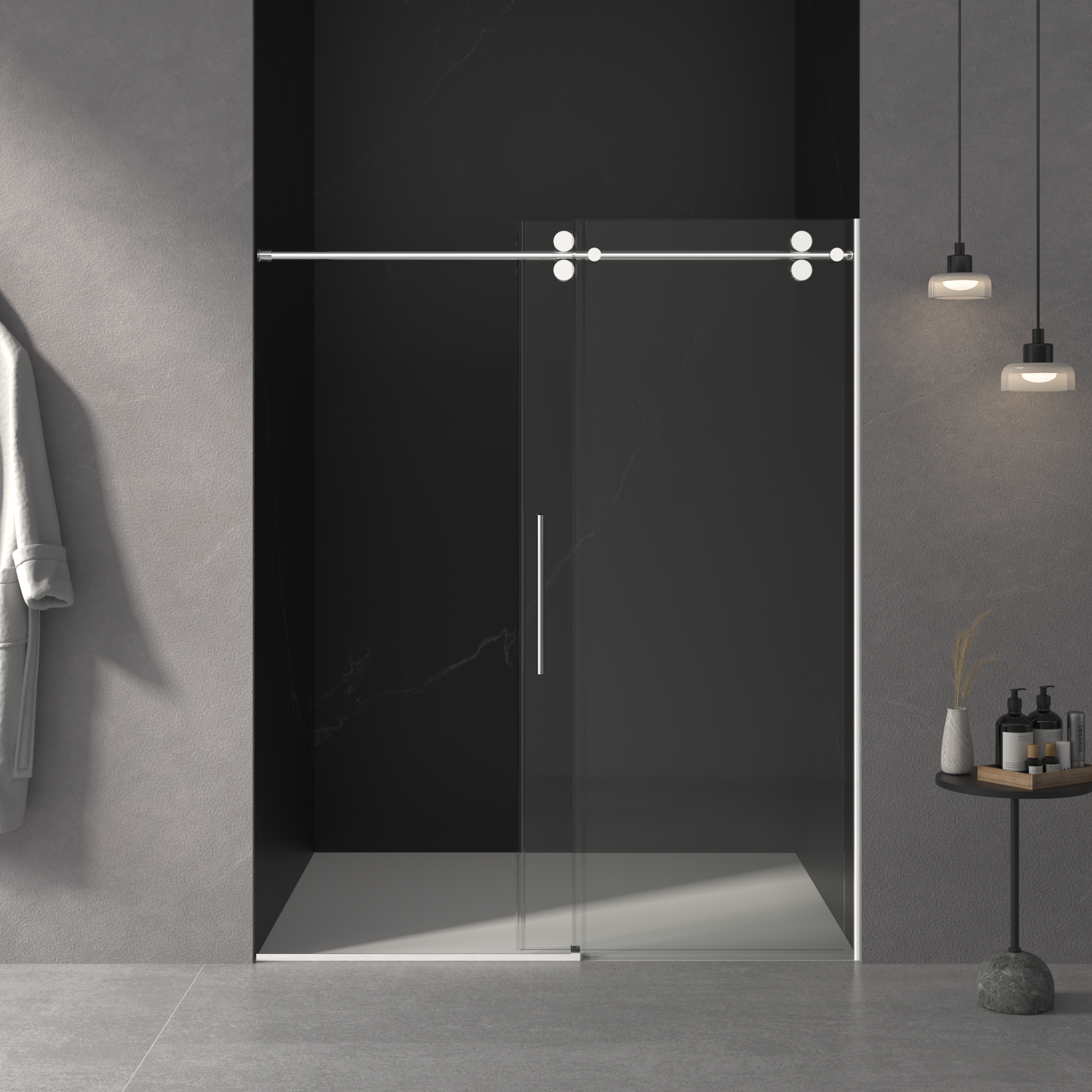 Frameless sliding shower door 56-60 inch chrome detail view