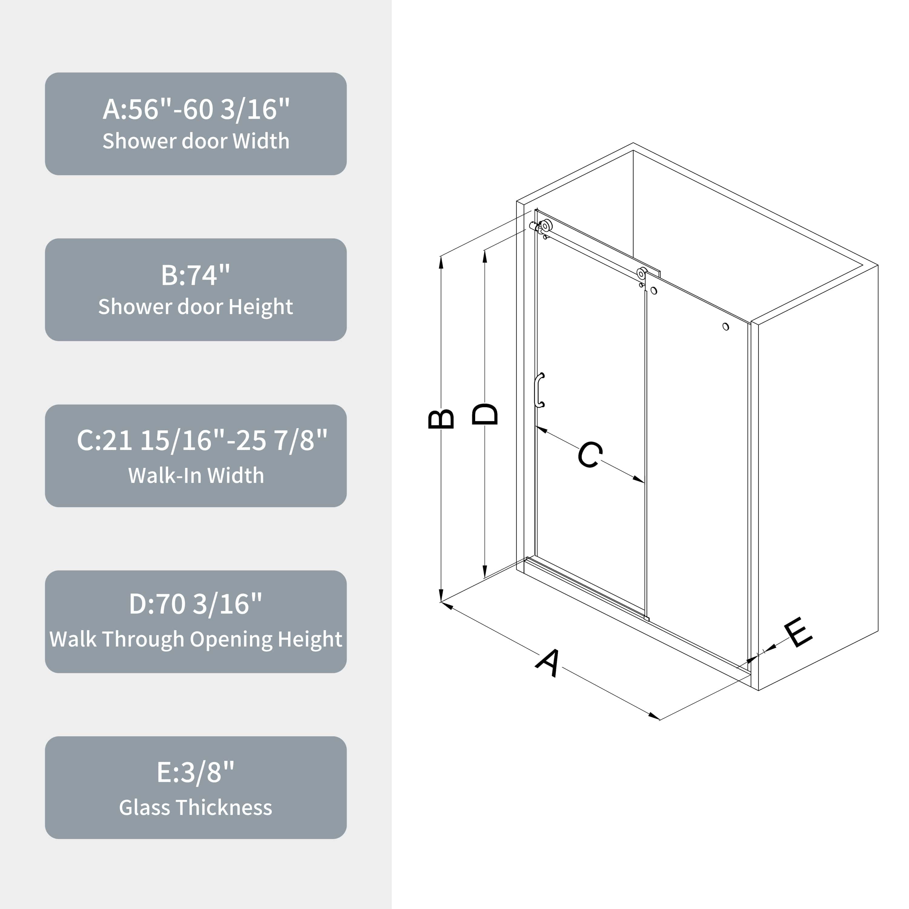56-60"W x 74"H Glass shower door, sliding door, with 5/16" tempered glass