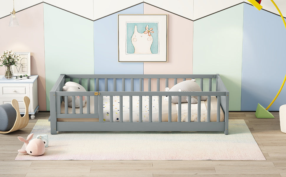 Twin size Floor Platform Bed with Built-in Book Storage Rack, Door,Grey