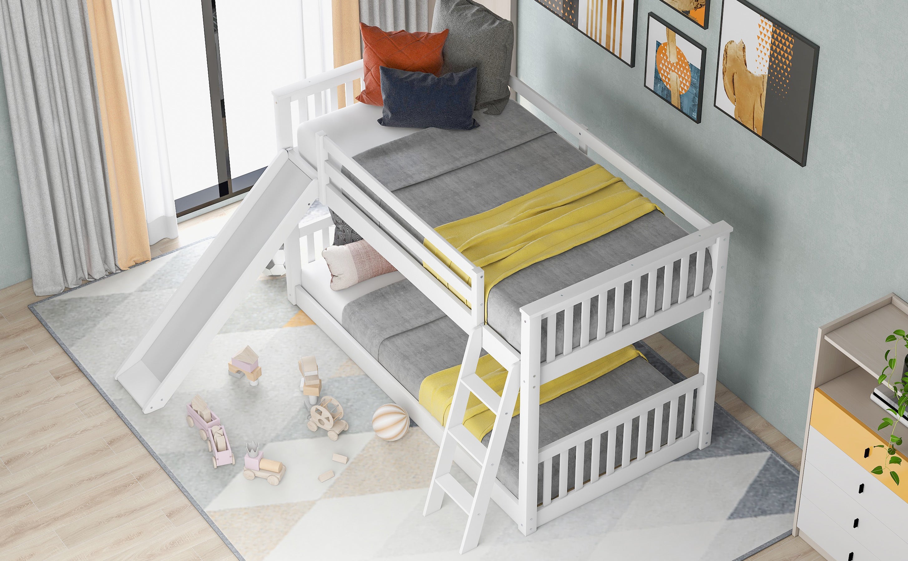 White bunk bed ladder access detail, twin over twin