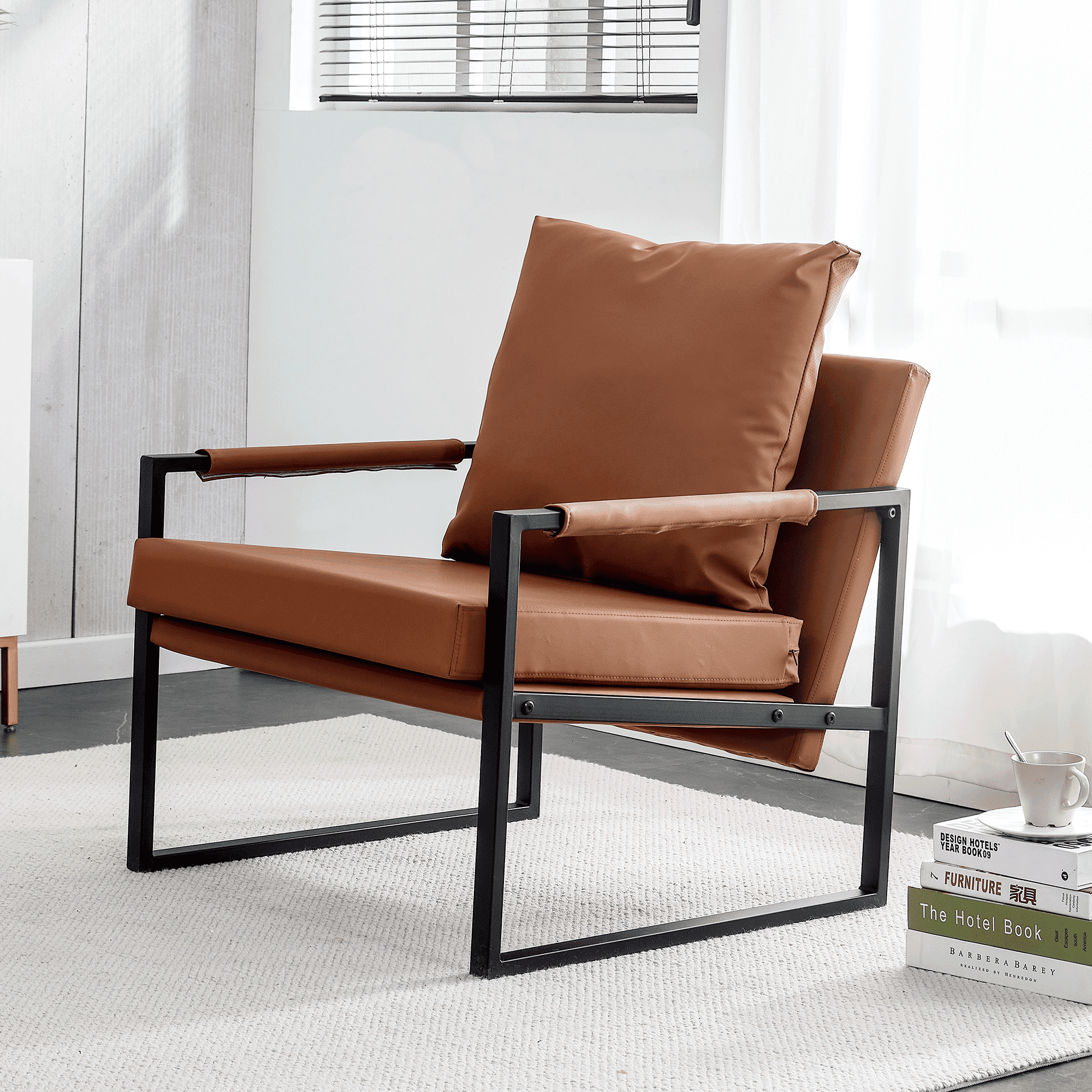 PU Leather Accent Arm Chair Mid Century Upholstered Armchair with Metal Frame Extra-Thick Padded Backrest and Seat Cushion Sofa Chairs for Living Room ( Brown PU Leather + Metal Frame + Foam)SF-008