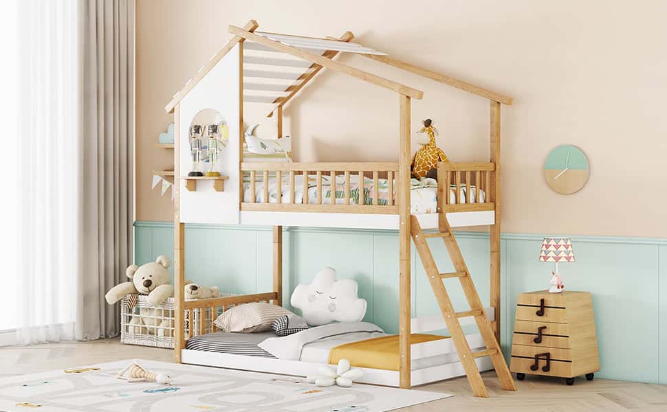 Twin Over Twin Bunk Bed Wood Bed with Roof, Window, Ladder,Natural(OLD SKU :LT100008AAD)