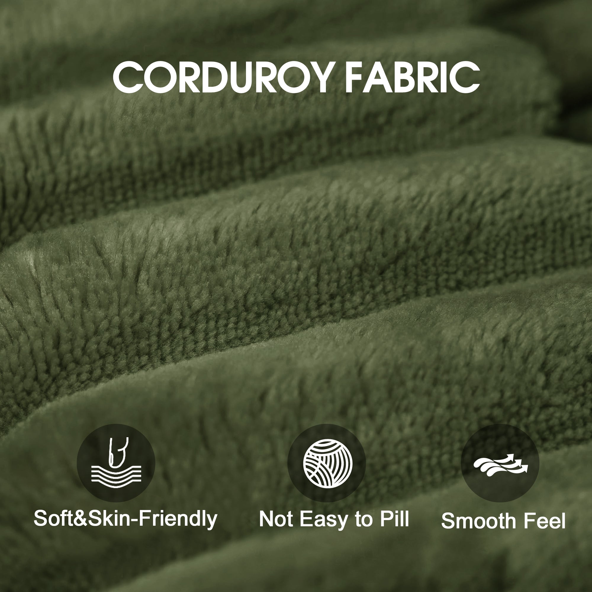 Green corduroy sectional sofa deep seat cushions, detail view