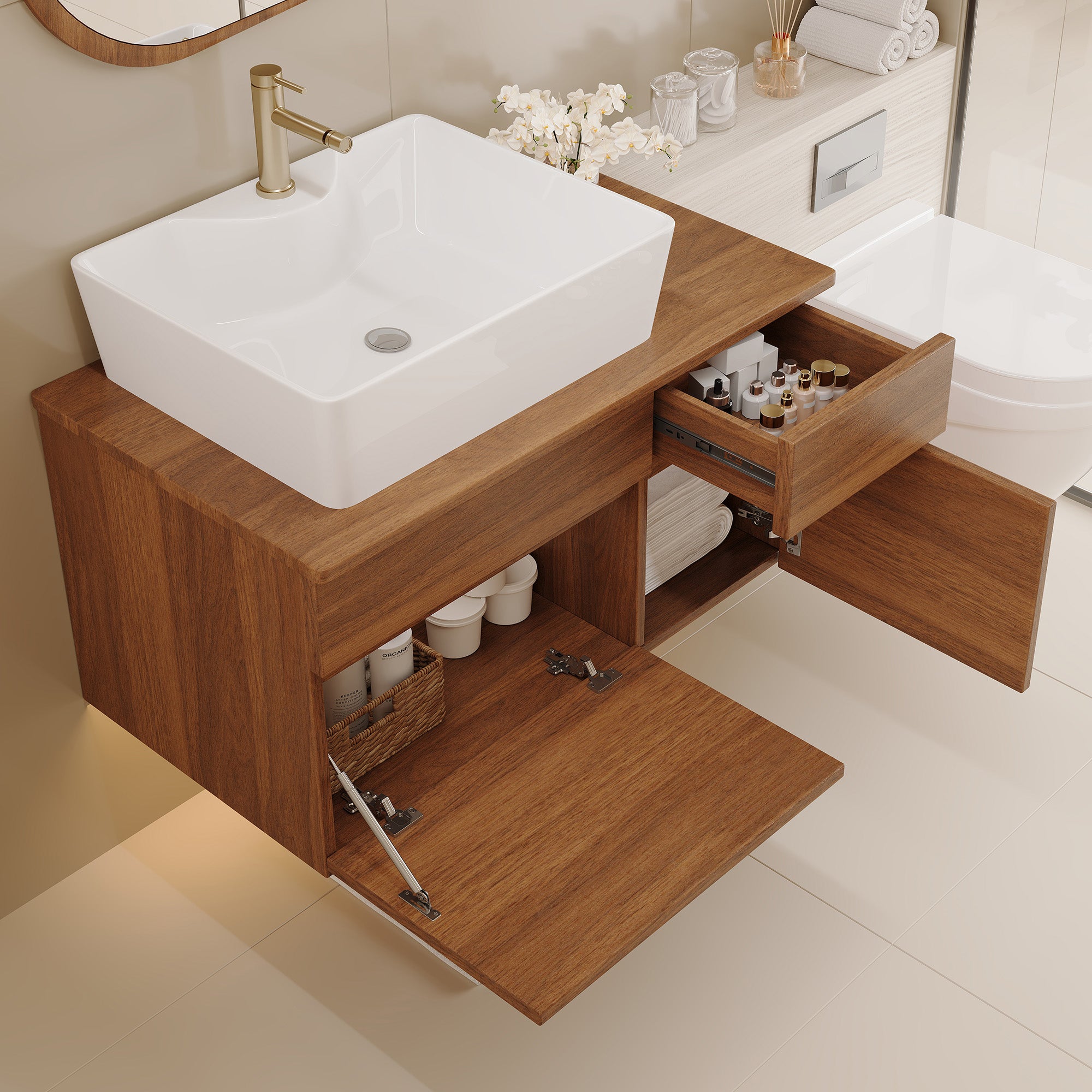 Floating 31.5 in. bathroom vanity with sink, in-room setting