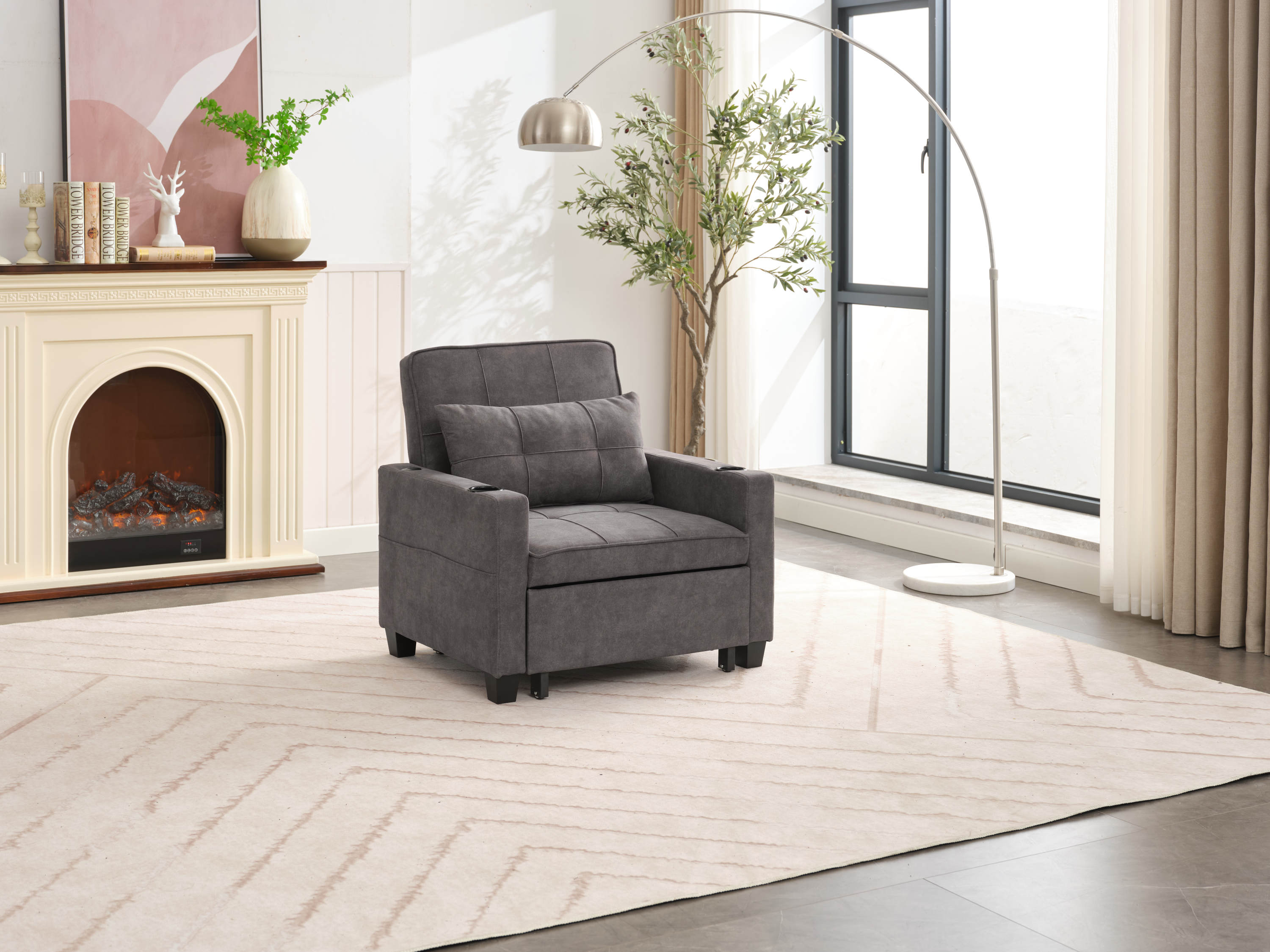 Futon Chair Bed Convertible Chair 3-in-1 Pull Out Sleeper Chair Beds with USB Ports,Wear-resistant and Anti-scratch, Armchair Bed Sleeper for Living Room (Dark Grey Scratch Cloth)