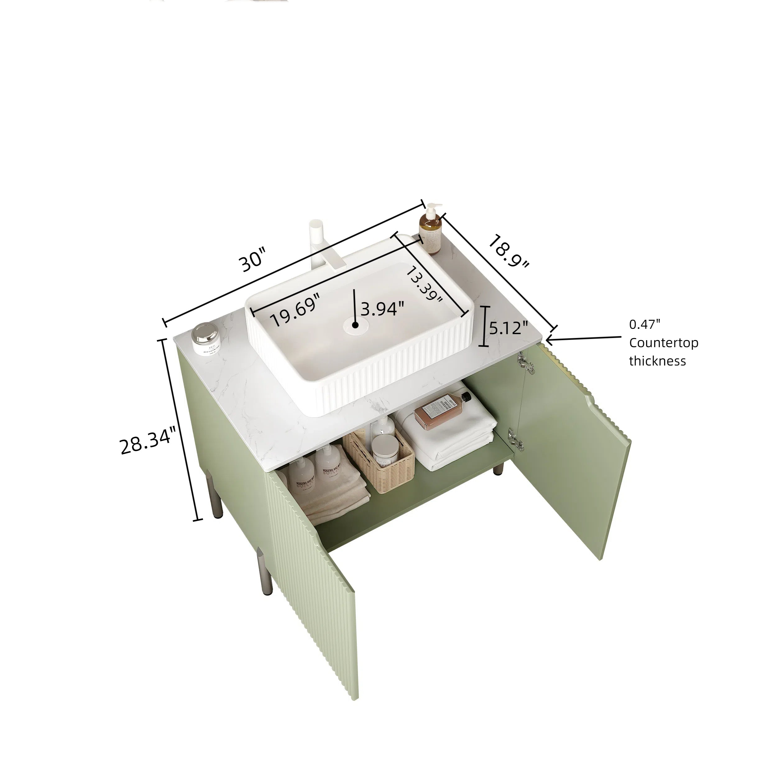 TURIO 30" Bathroom Vanity with Sink, Freestanding Bathroom Storage Cabinet with 2 Doors, White Ceramic Basin and Carrara White Sintered Stone Counter Top, with Sink Hole Cover and Drain, Light Green