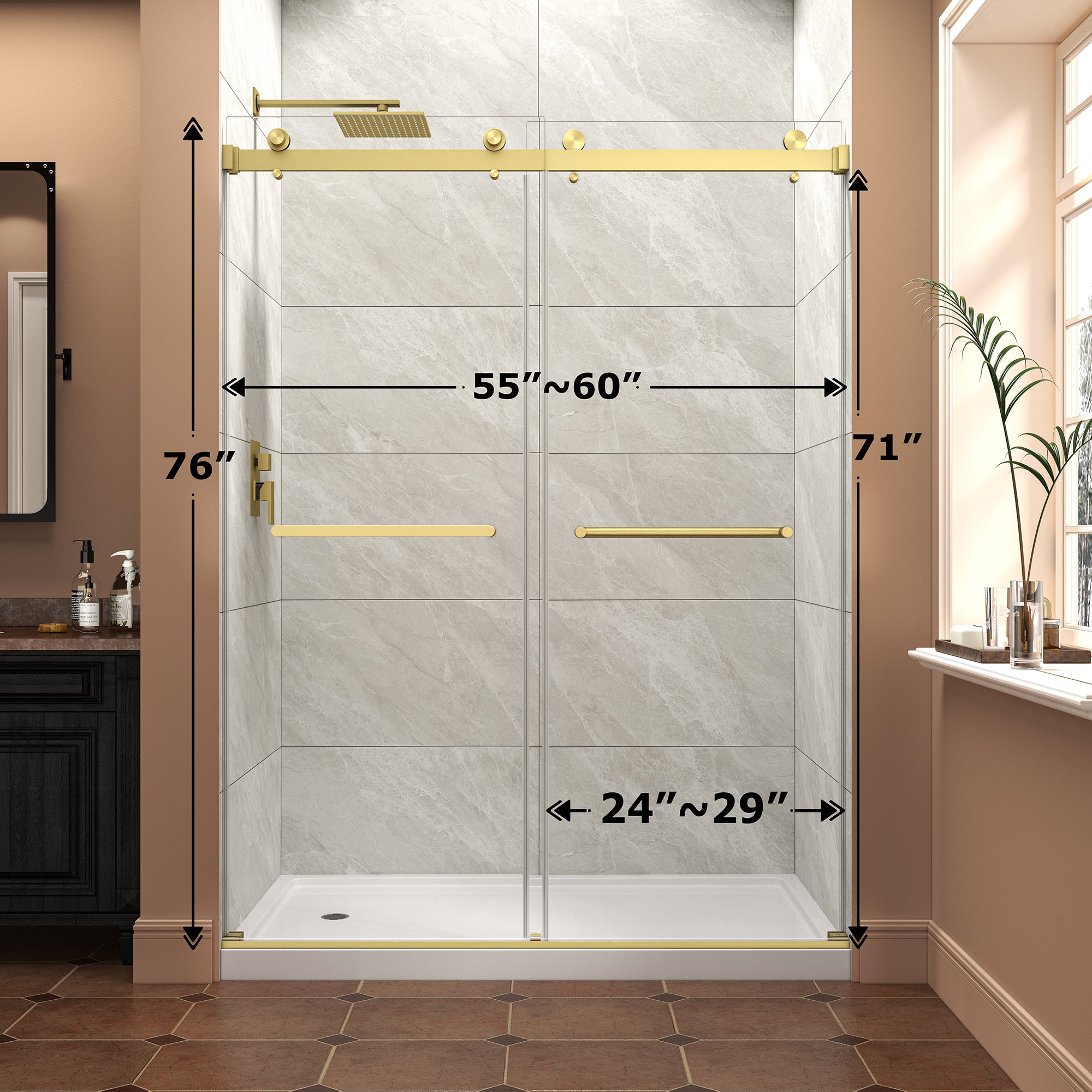 55-60 x 76 in Reversible Bypass Shower Door - Brushed gold hardware detail