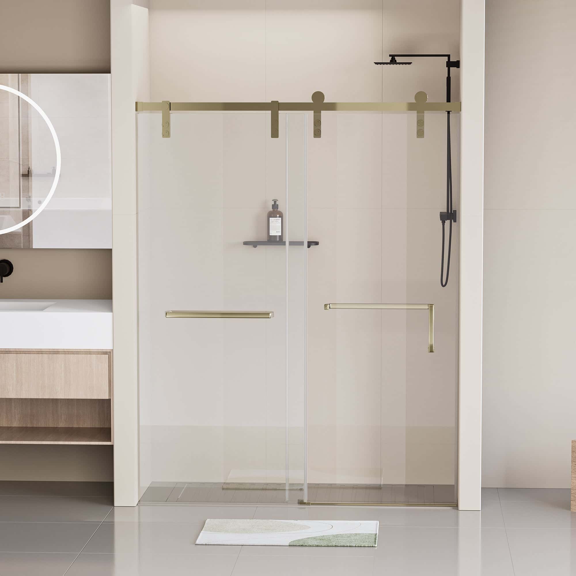 60" W x 76" H Frameless Soft-closing Shower Door, Single Sliding 5/16" (8mm) Clear Tempered Glass Shower Door with Explosion-Proof Film, Stainless Steel Hardware, Gold 24D211-60G-COMBO