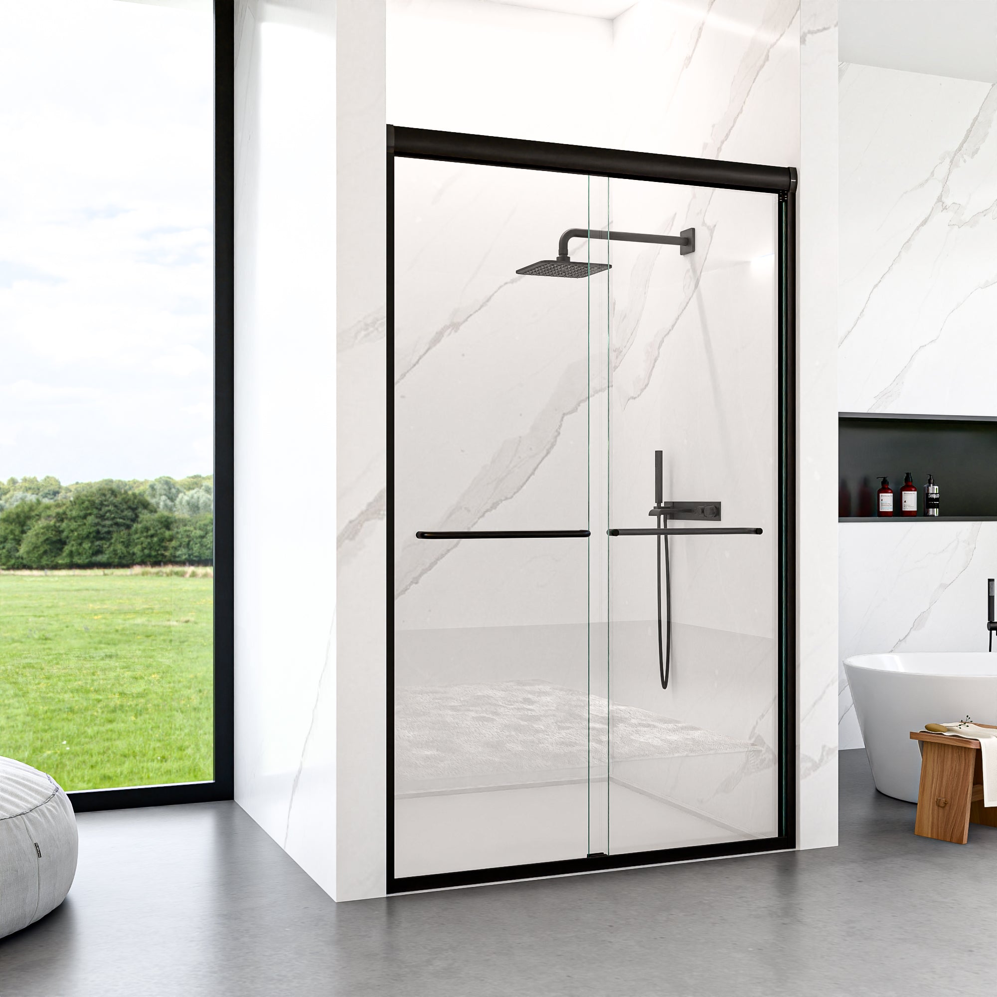Matte Black bypass sliding shower door 44-48 inch angled view