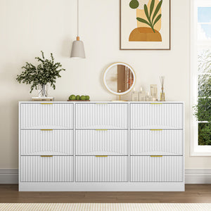 White 63-inch 9-drawer wooden dresser chest of drawers, front view