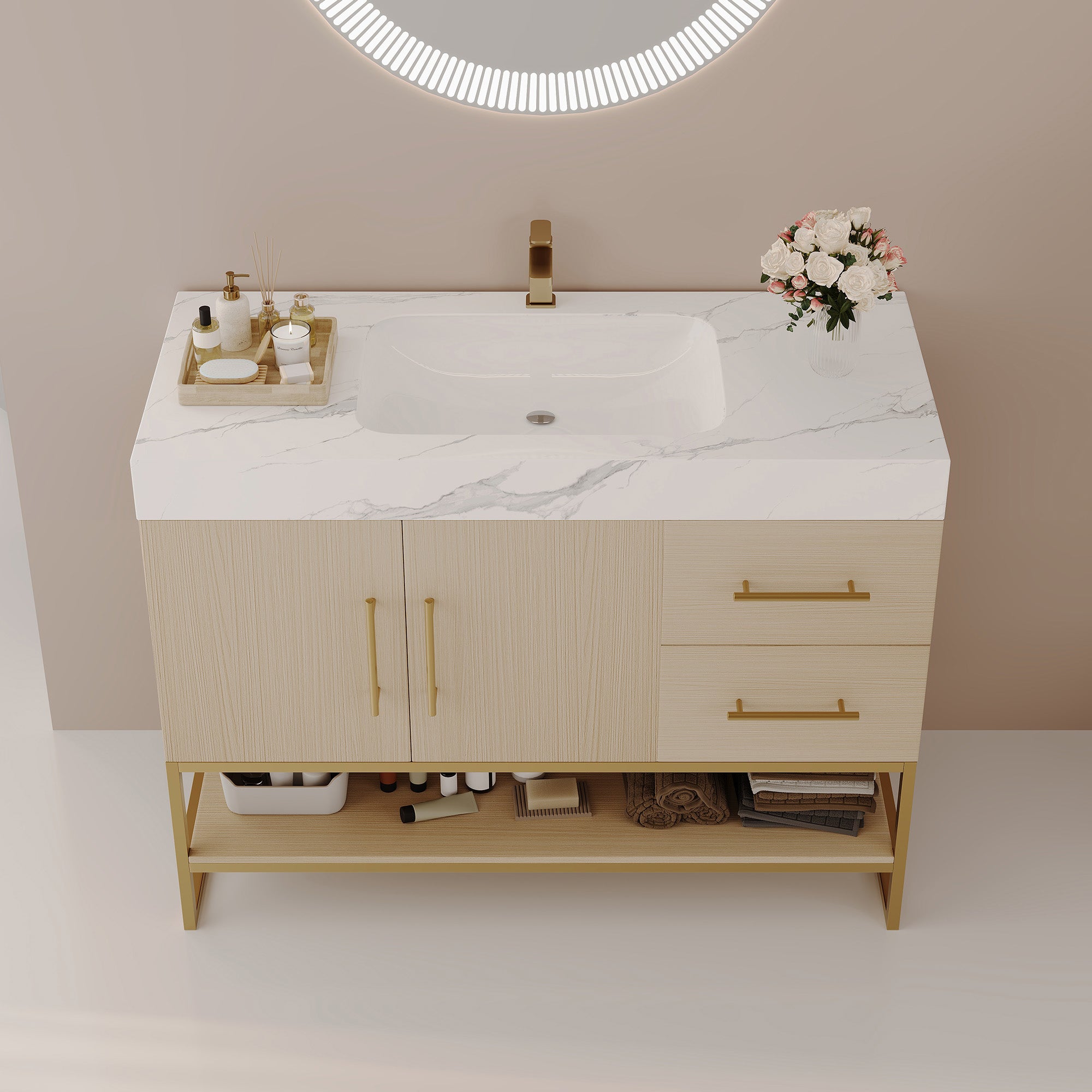 Freestanding bathroom vanity sintered stone countertop and integrated basin, close-up