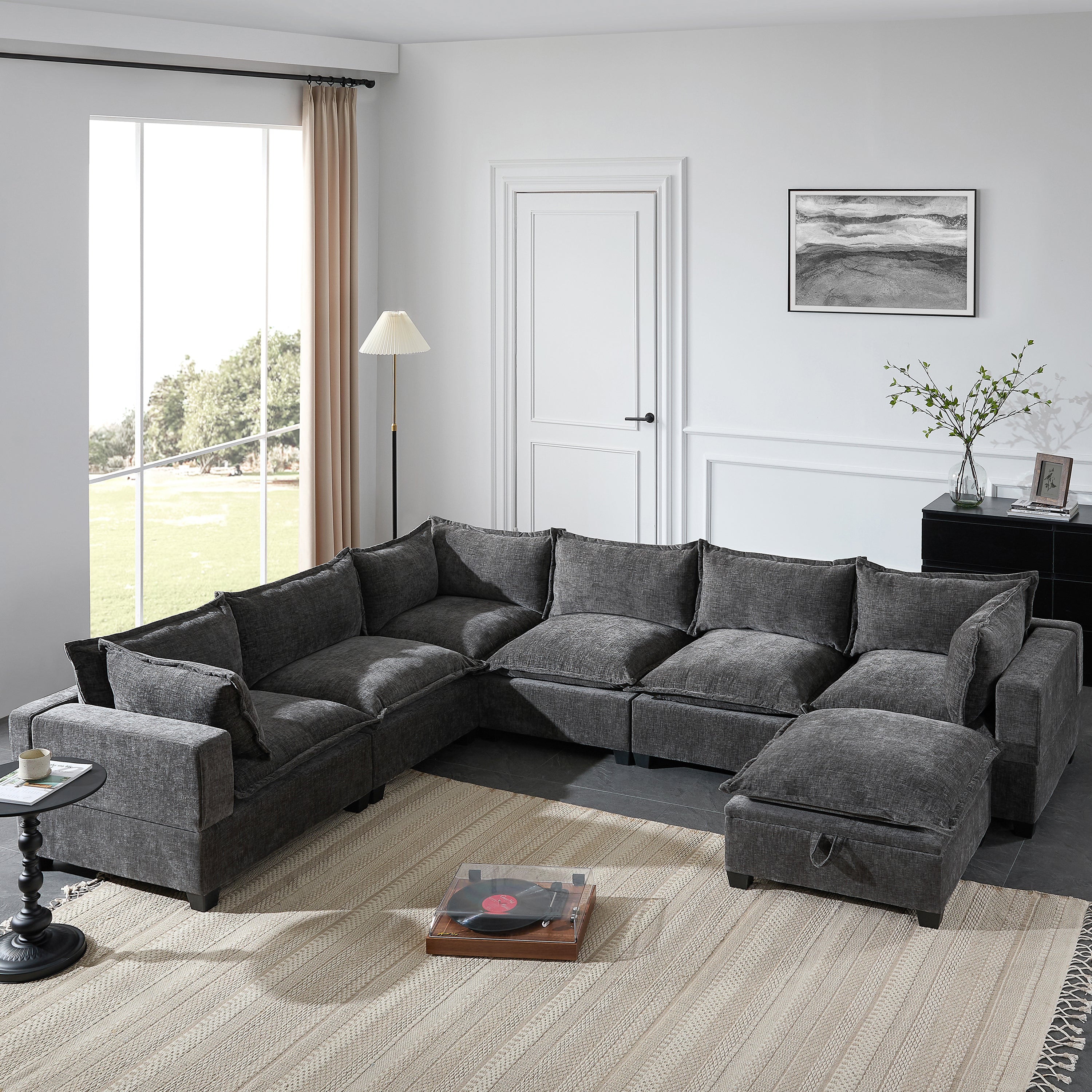 U-shaped chenille sectional sofa, 117.5 inch 7-seat, front view