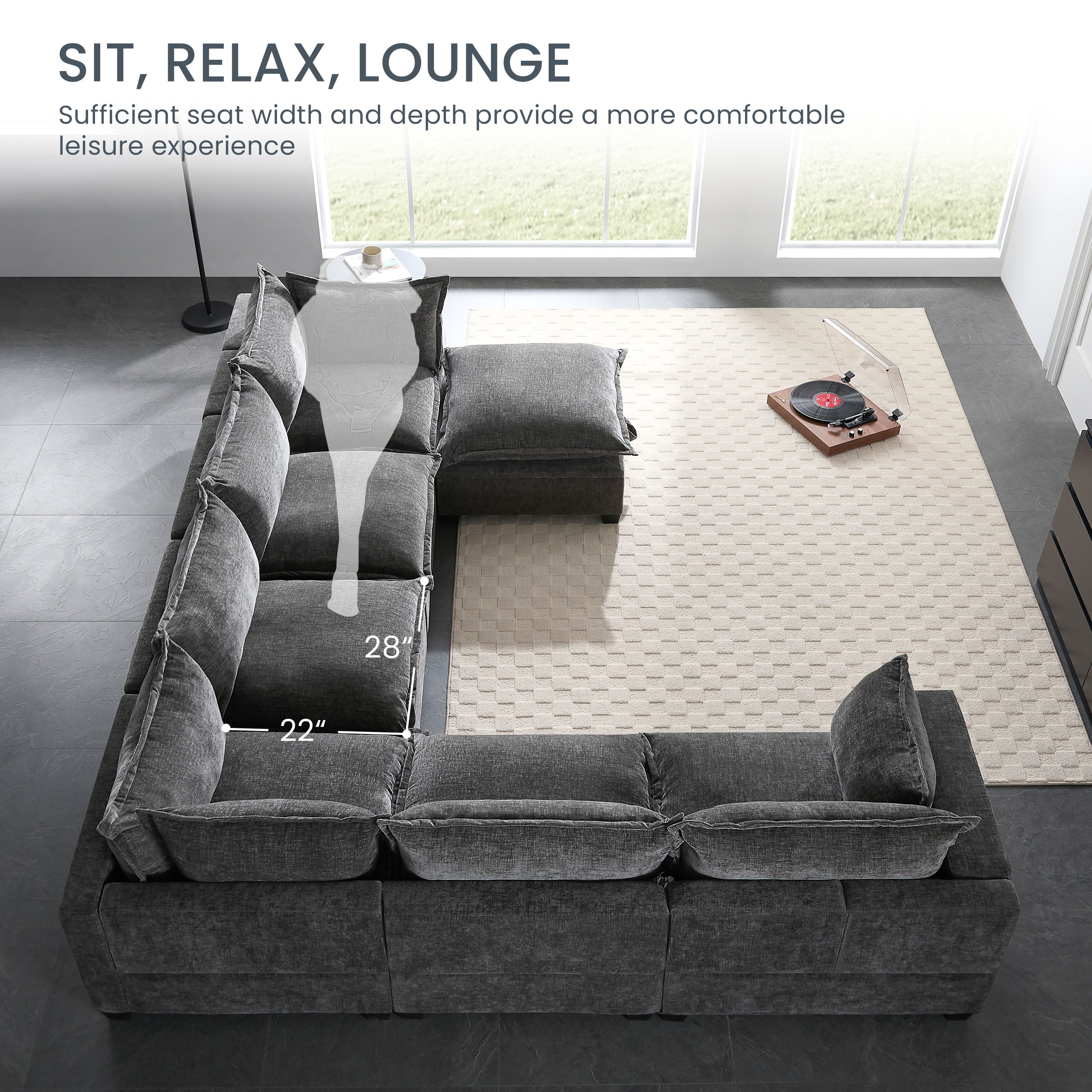 Oversized U-shaped chenille couch, living room setting, wide seat detail