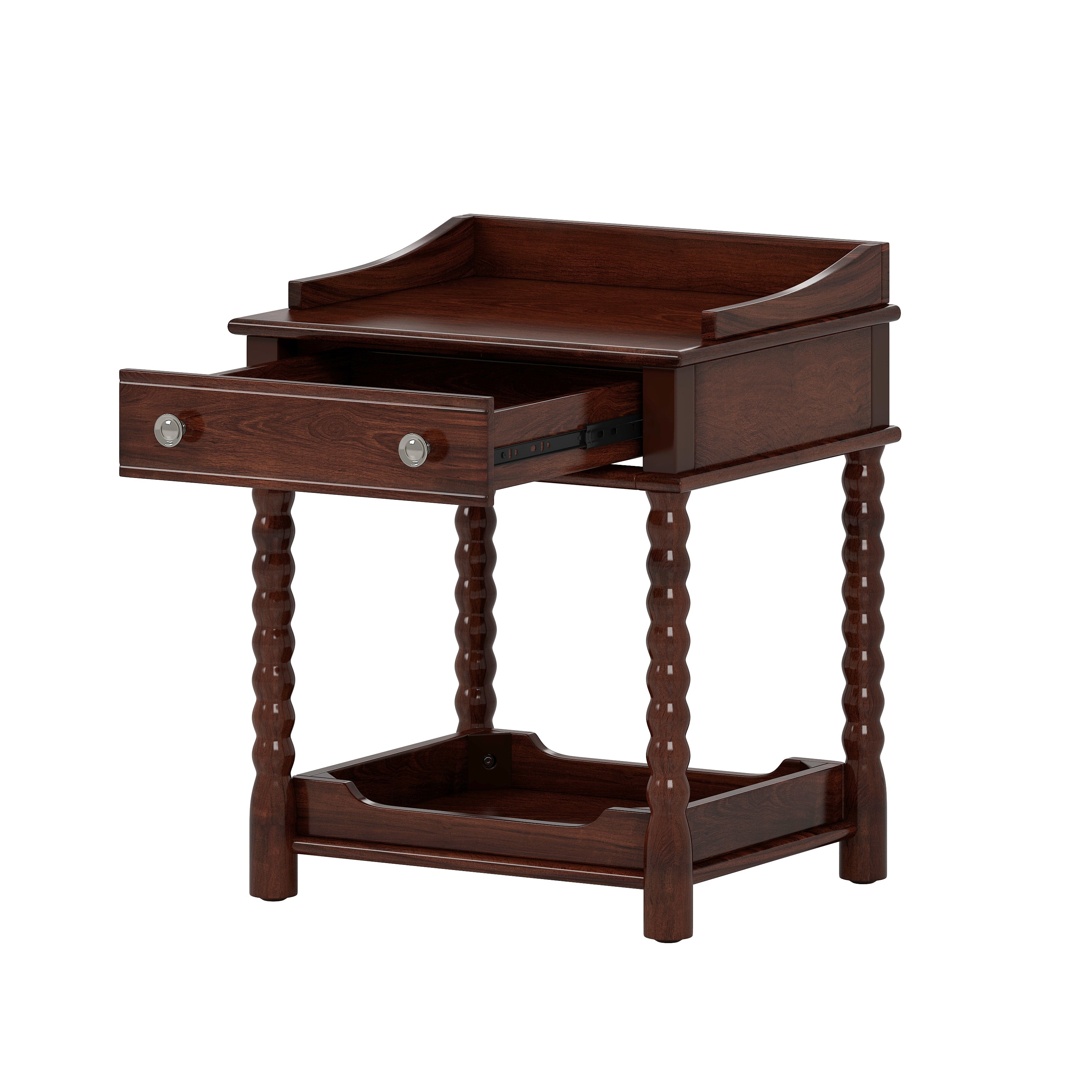 Retro walnut nightstand in bedroom setting, lifestyle view