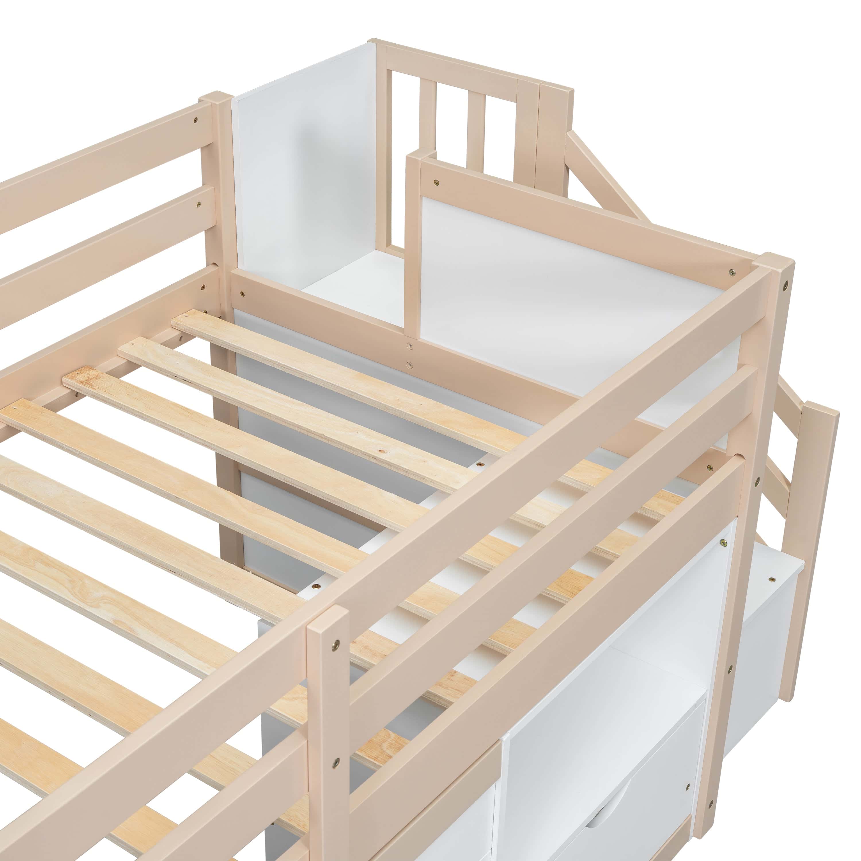 SOLID WOOD TWIN SIZE LOW LOFT BED WITH STAIR, DRAWER, AND SHELF FOR CREAM + WHITE COLOR