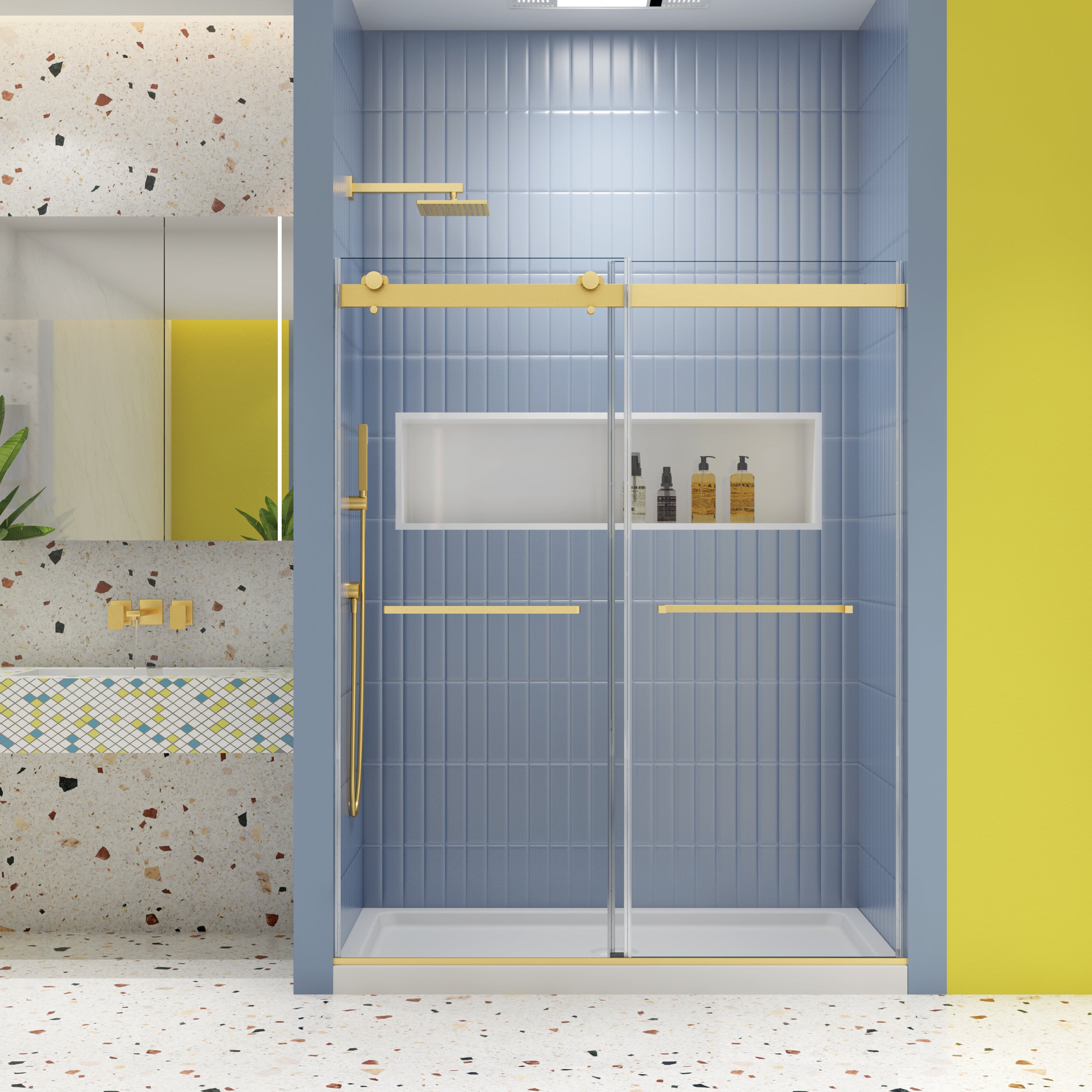 Brushed gold soft-close bypass sliding shower door