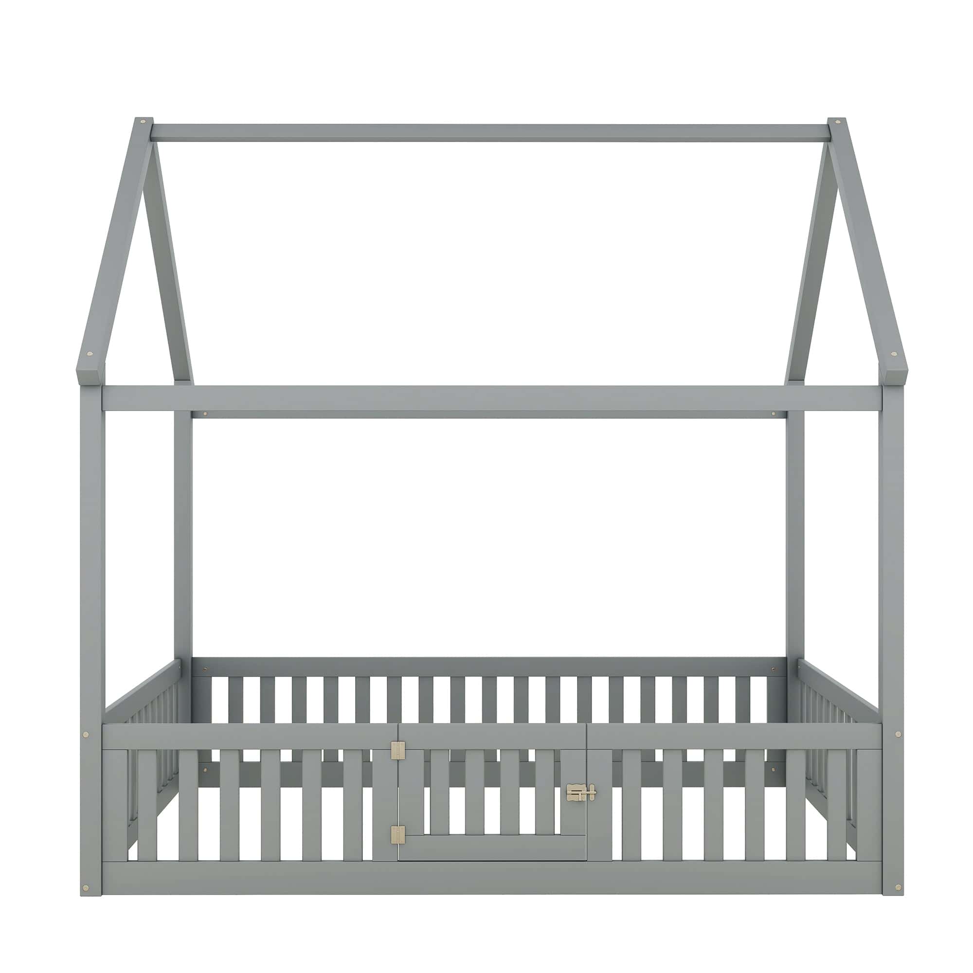 Full Size Wood House Bed with Fence and Door, Gray