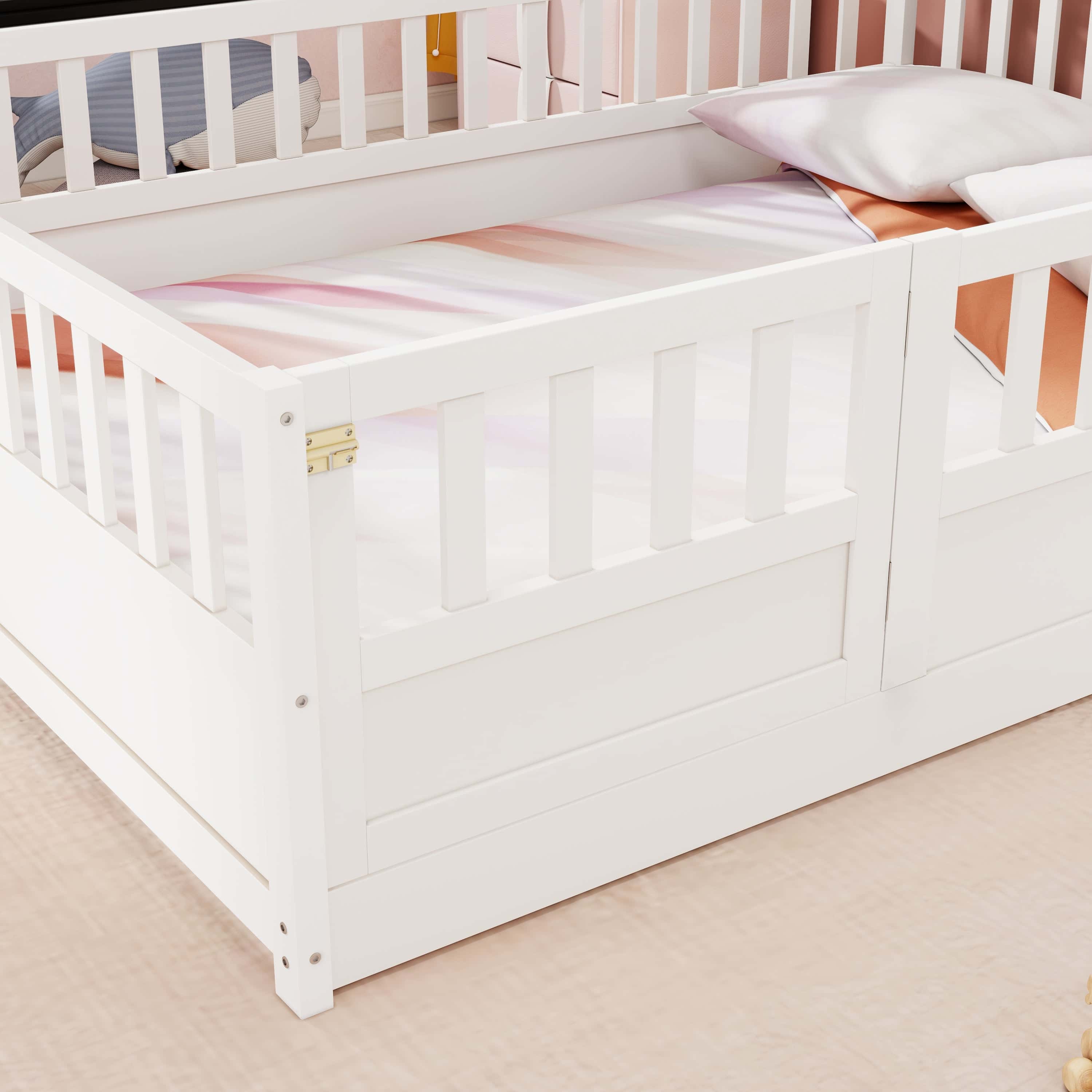 Full size Floor bed, integral construction with super high security barrier, door, children's floor bed frame, Montessori wooden children's floor bed, white
