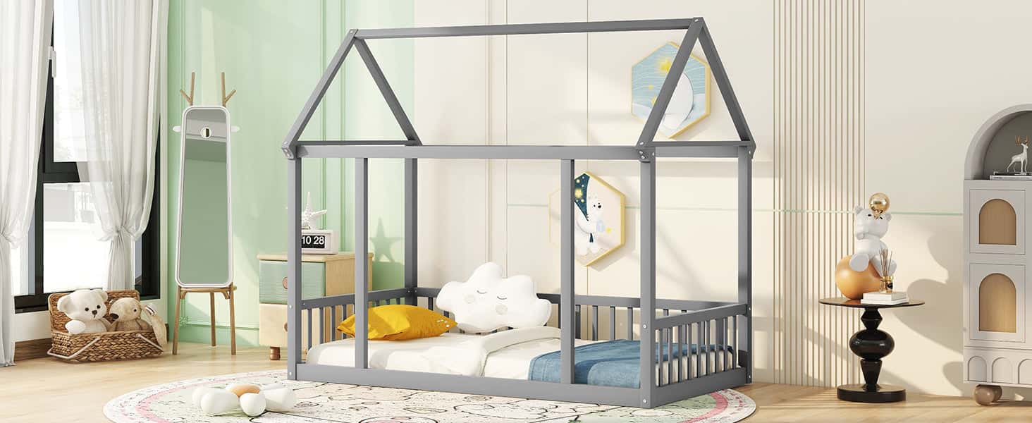 Twin Size Floor Wooden Bed with House Roof Frame and Safety Guardrails ,Gray