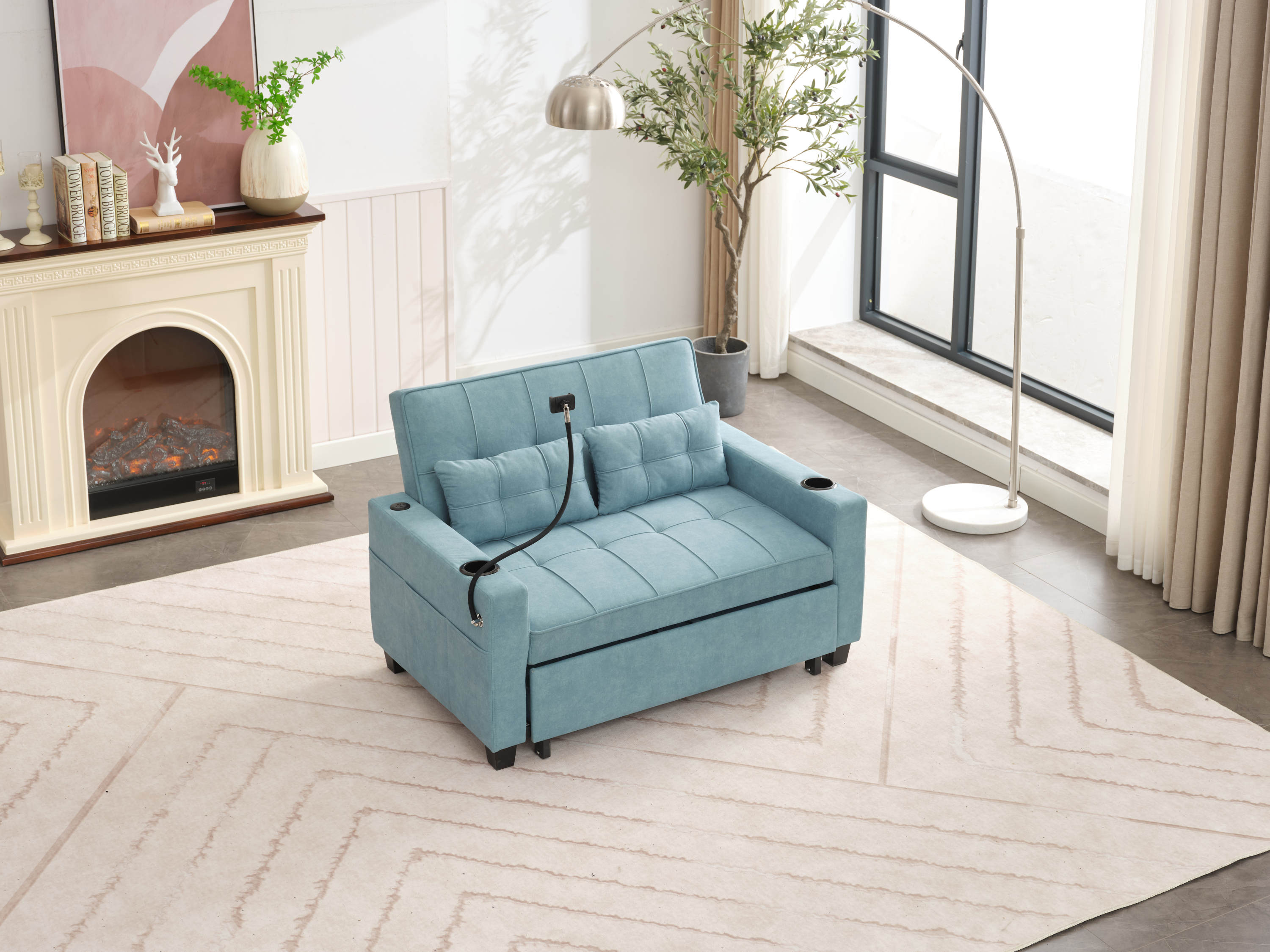 Futon Chair Bed Convertible Chair 3-in-1 Pull Out Sleeper Chair Beds with USB Ports,Wear-resistant and Anti-scratch, Armchair Bed Sleeper for Living Room (Green Tech cloth)