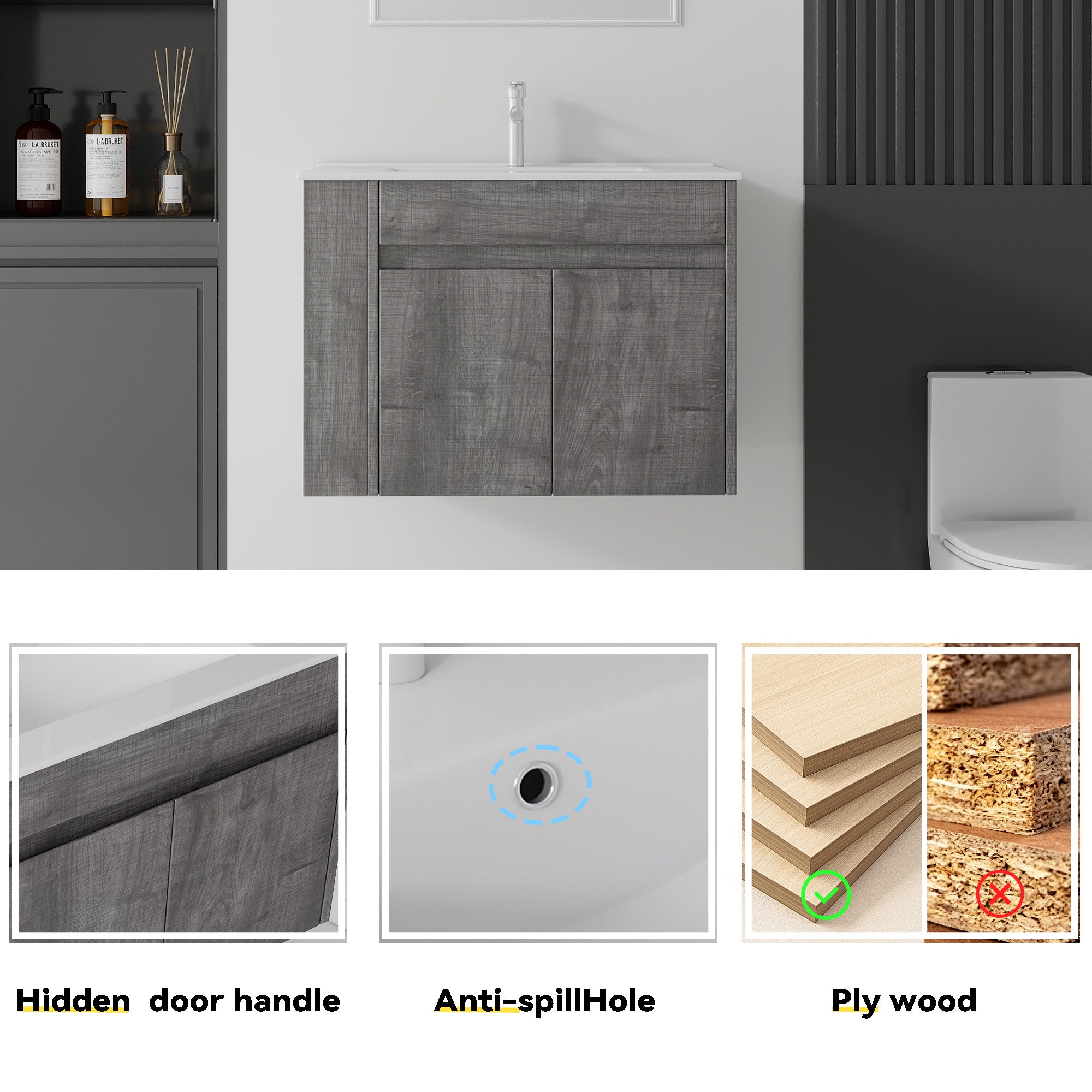 Grey 30 inch floating vanity soft-close door open, storage view
