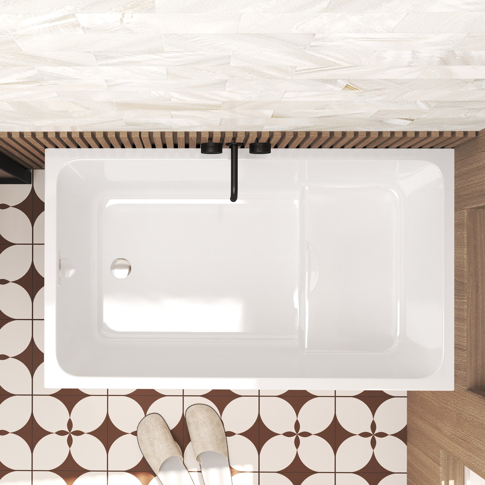 47-inch rectangular acrylic soaking tub with chrome pop-up drain, top view