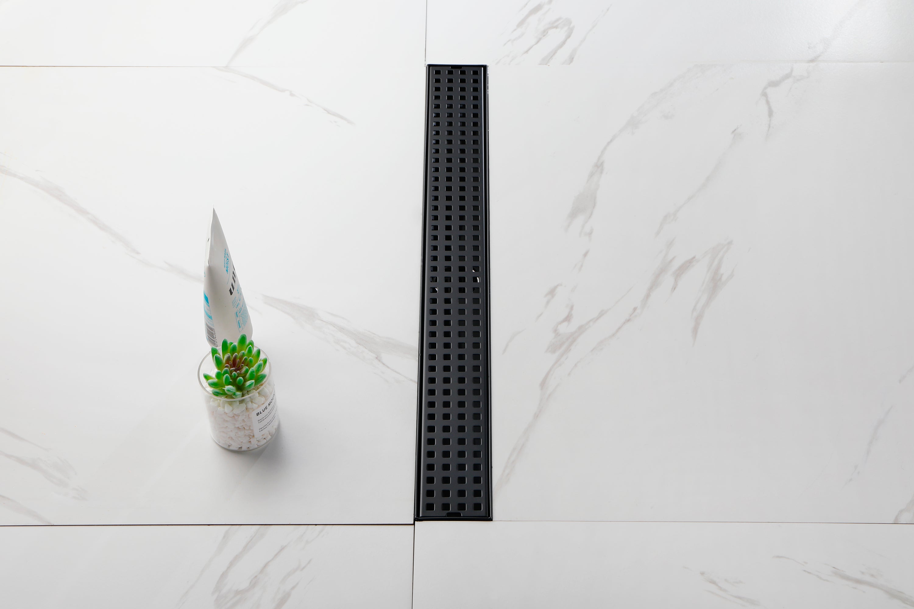 24 Inches Linear Shower Drain with Removable Quadrato Pattern Grate, 304 Stainless Shower Drain Included Hair Strainer and Leveling Feet, Flange