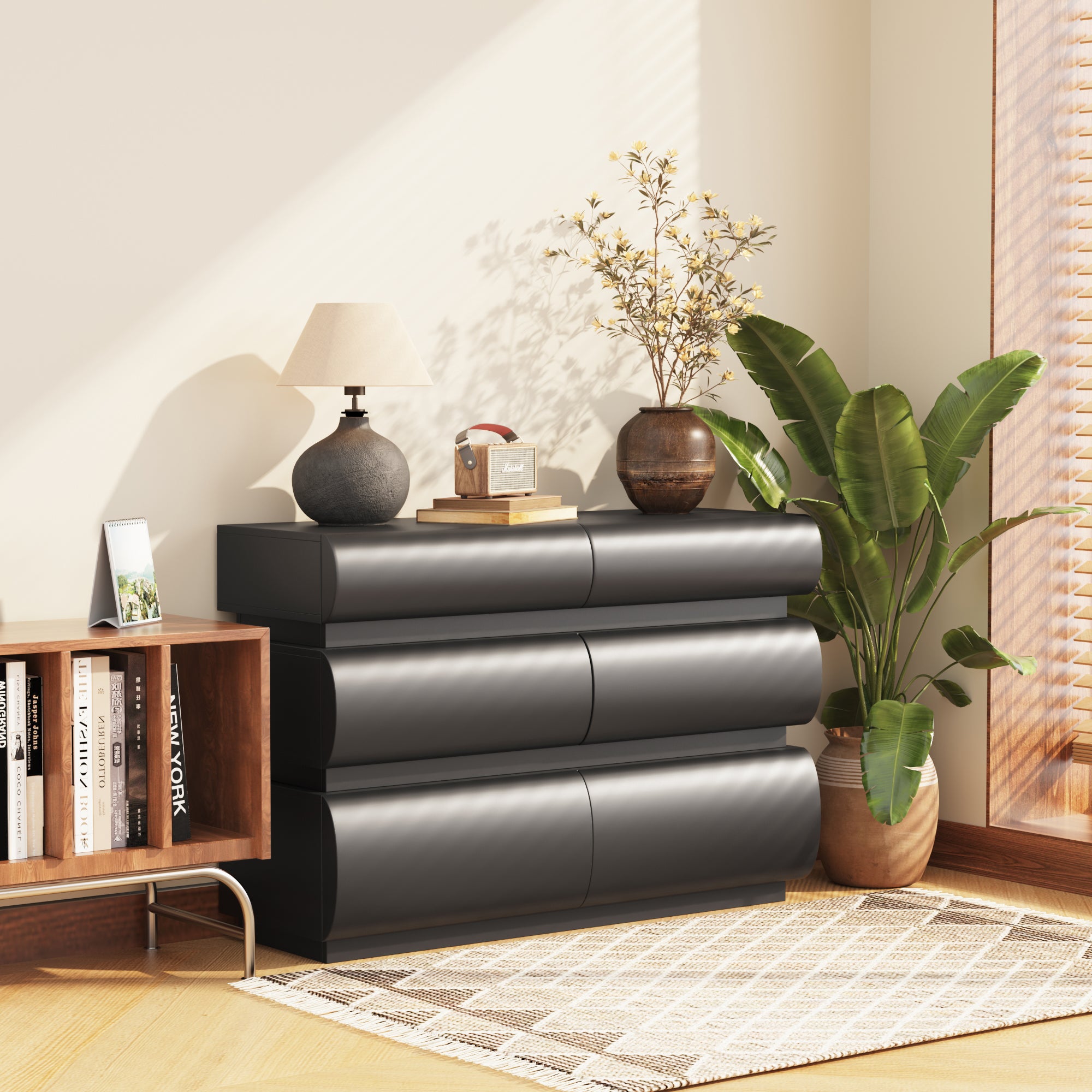 Black 6-drawer wide dresser, modern handle-free bedroom storage, angled view