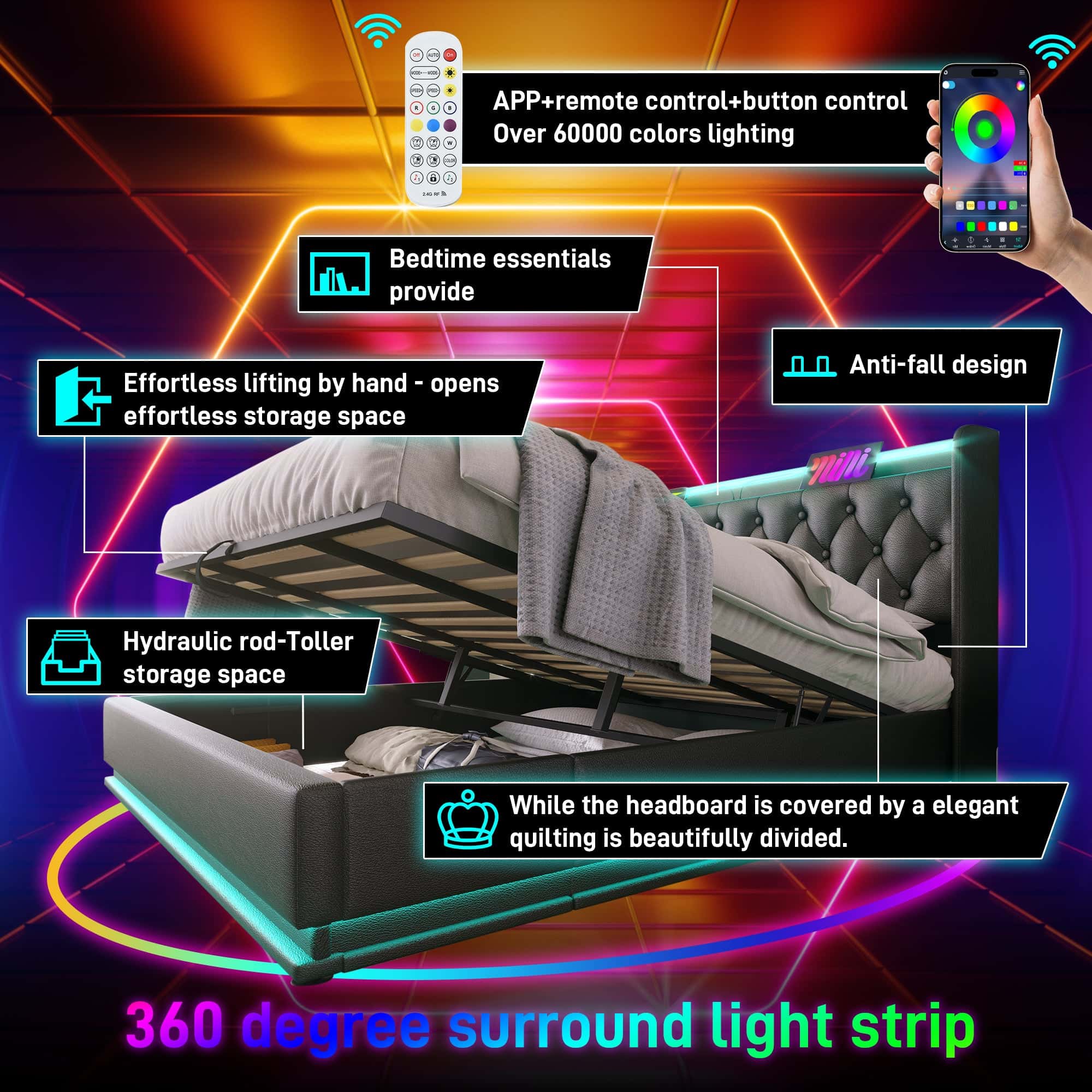 Queen size Upholstered bed, 360 surround LED function, Buttons/Apps/Remote Control, hydraulic storage bed with USB Type-C charging, Black,PU (Without mattress)