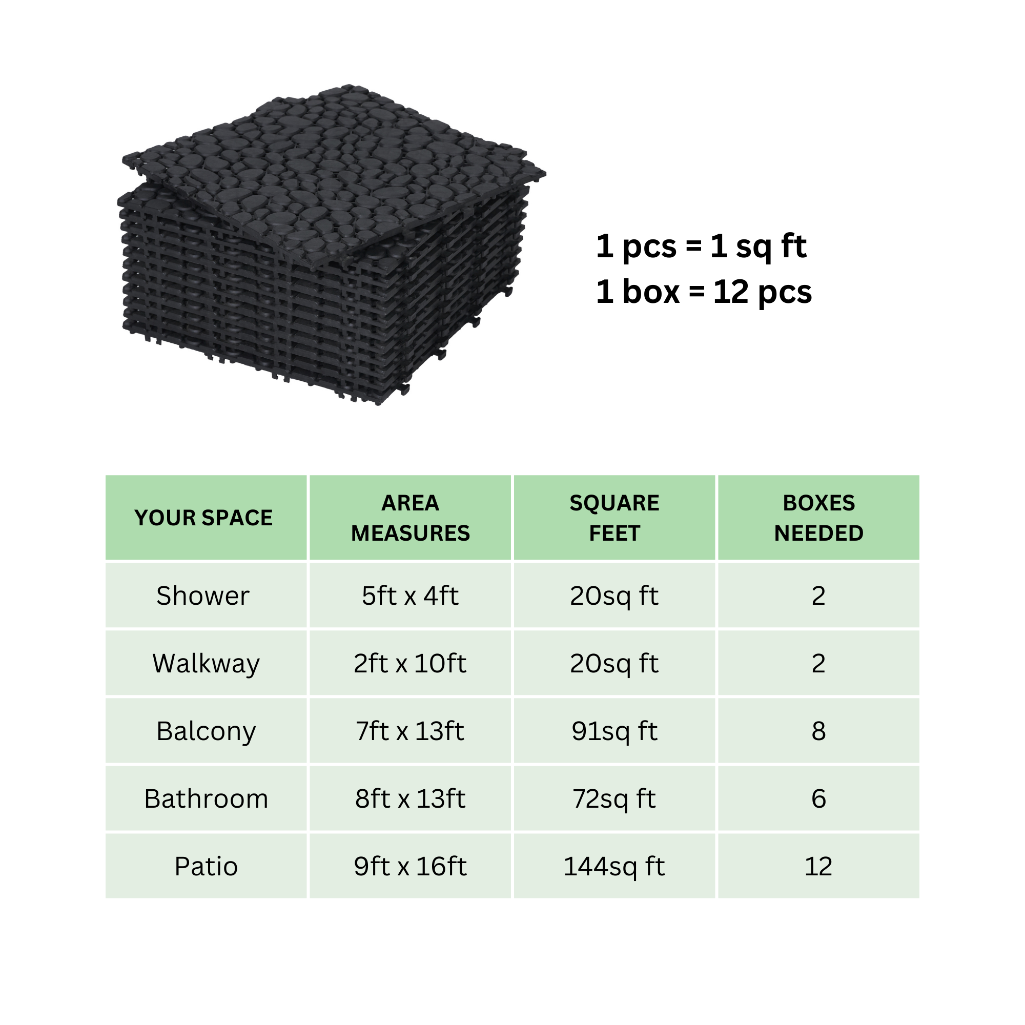 12 x 12 Inch Black Interlocking Deck Tiles Plastic Waterproof Outdoor All Weather Anti-slip Bathroom Shower Balcony Porch Strong Weight Capacity Upto 440 LBS, Pebble Stone Pattern Pack of 12