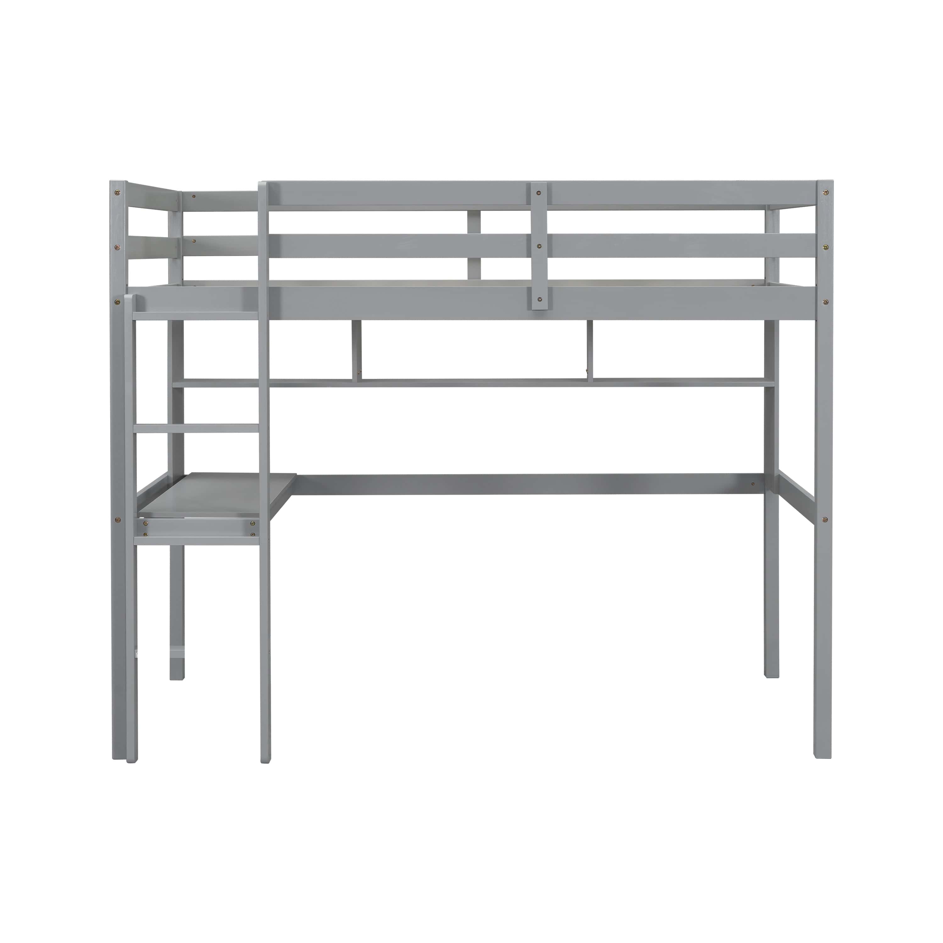 Twin Size Loft Bed with desk and shelves, Safety Guardrail and ladder,Grey