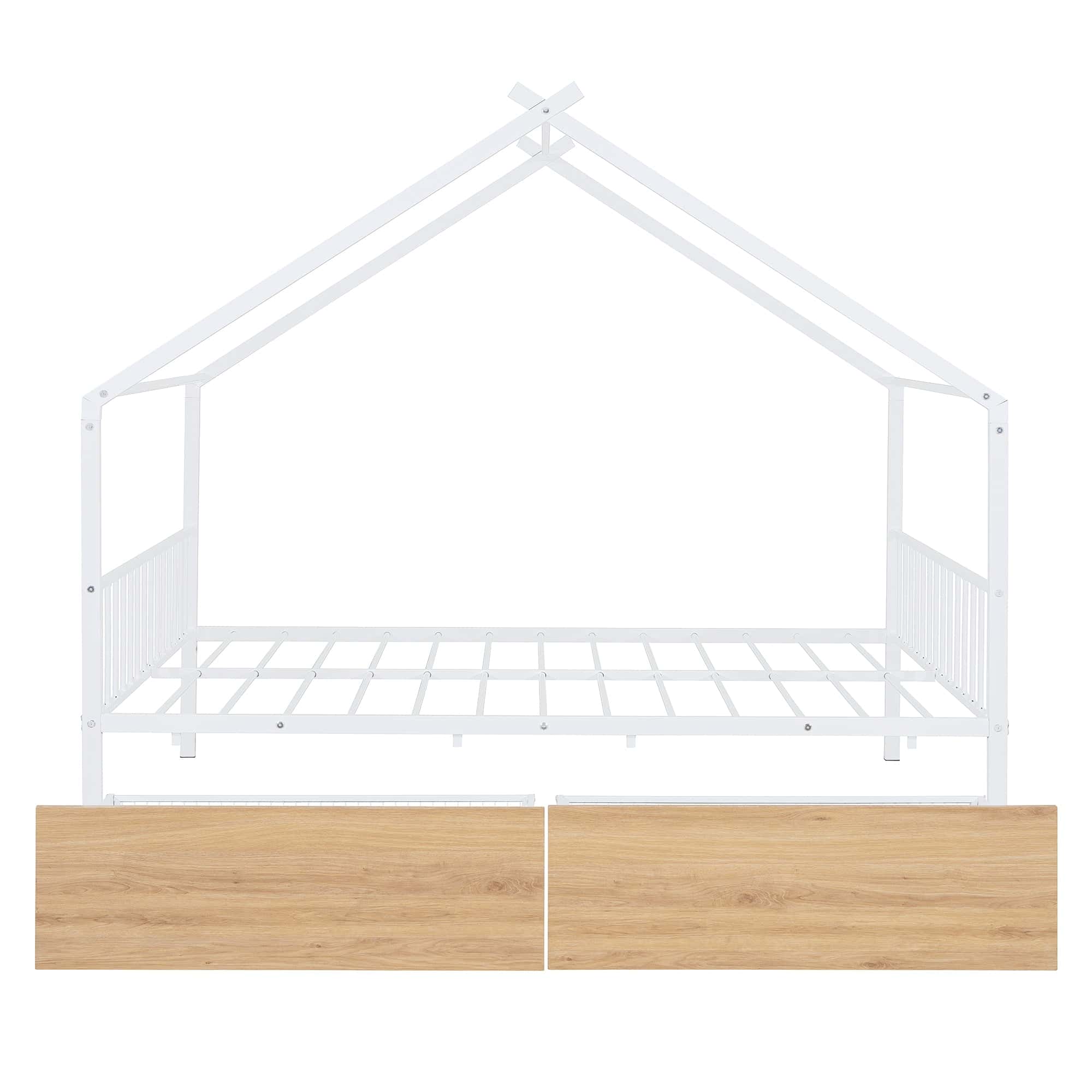 Full Size Metal House Bed with Two Drawers, White