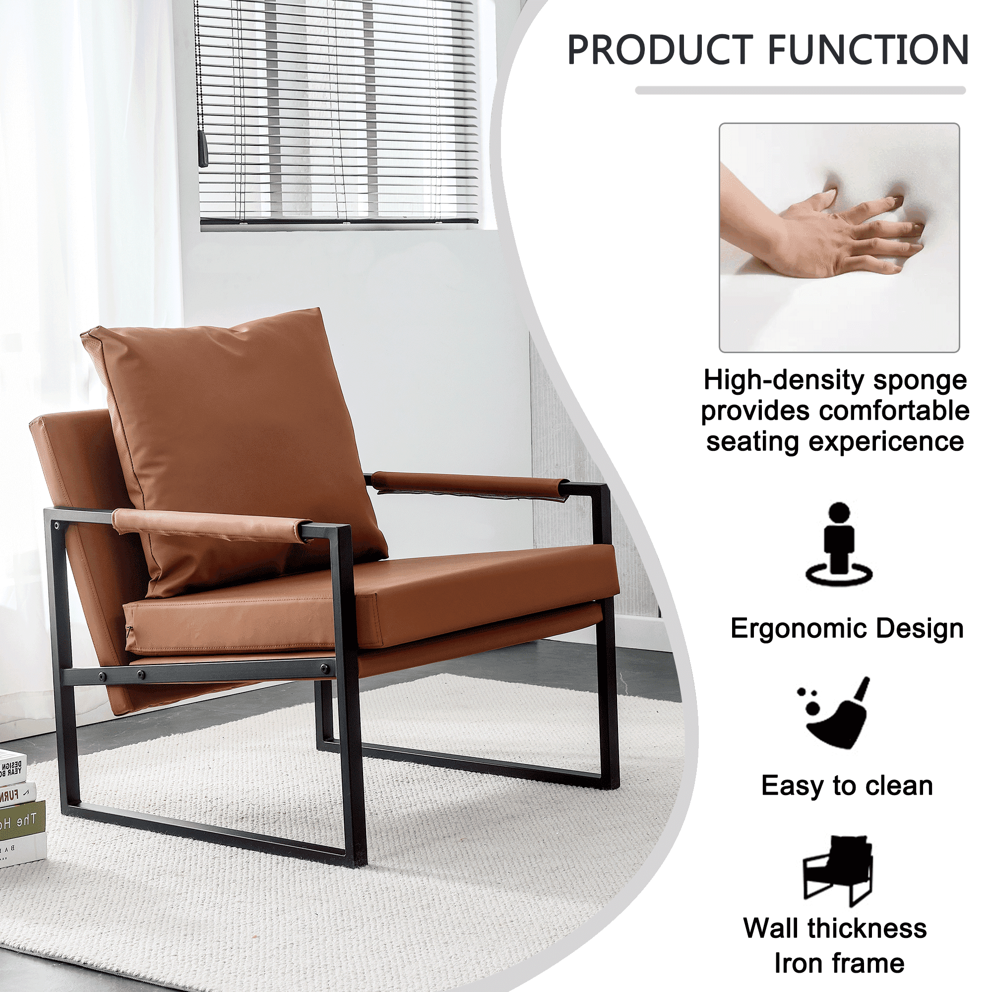 PU Leather Accent Arm Chair Mid Century Upholstered Armchair with Metal Frame Extra-Thick Padded Backrest and Seat Cushion Sofa Chairs for Living Room ( Brown PU Leather + Metal Frame + Foam)SF-008