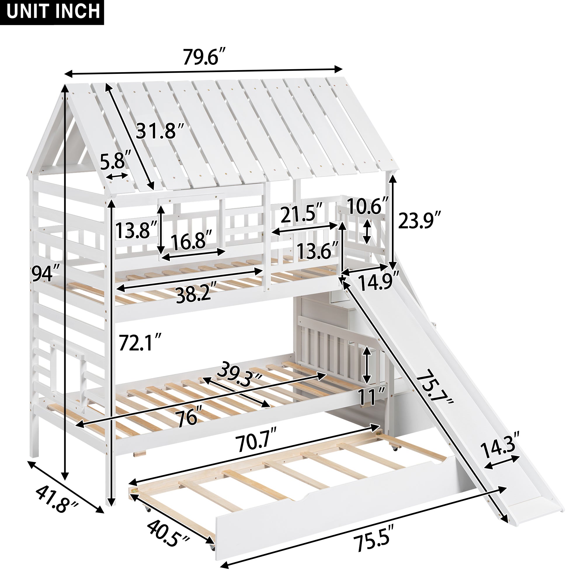 White house bunk bed storage staircase with drawers, side view