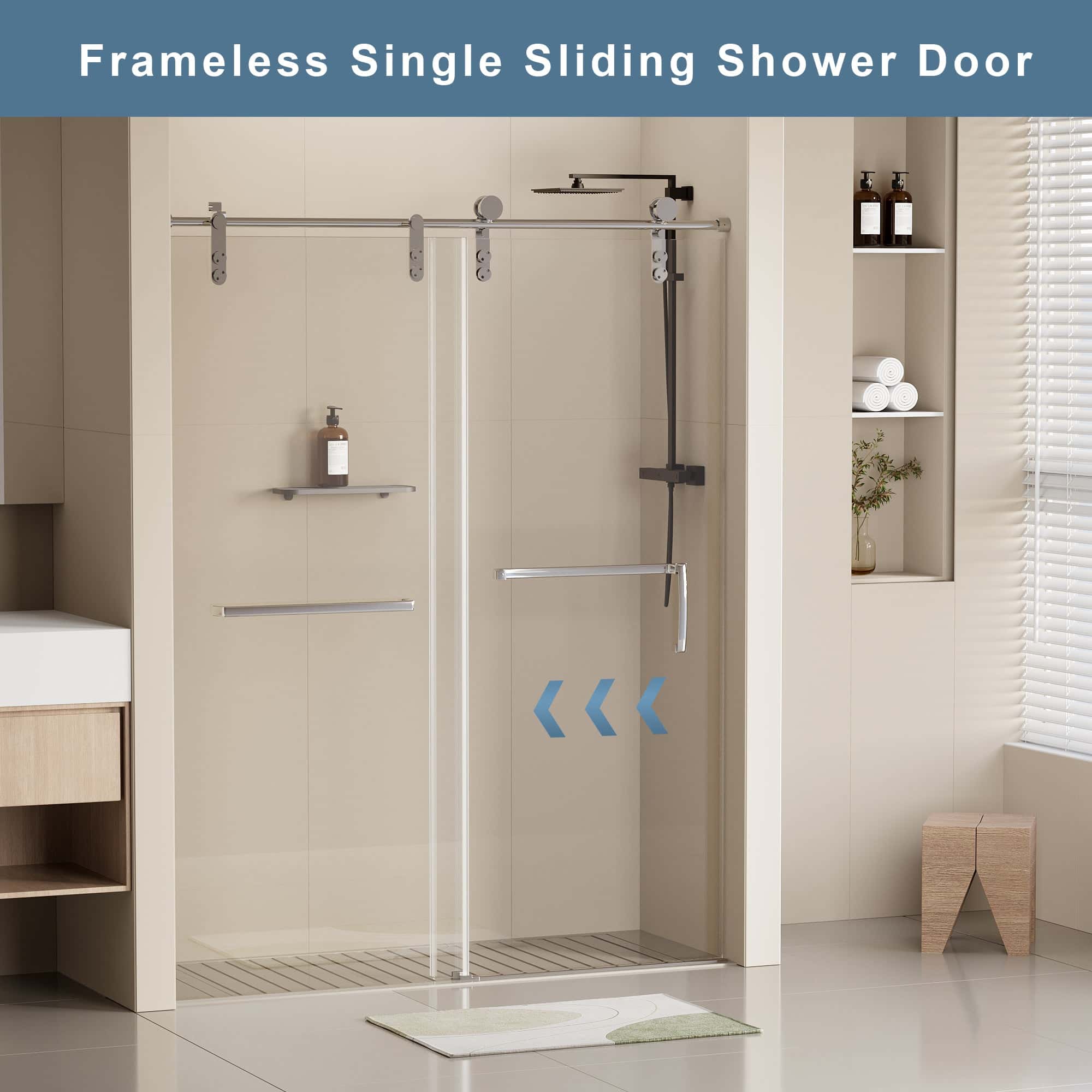 56-60"W x 76"H Frameless Shower Door, Single Sliding Shower Door, 5/16" (8mm) Clear Tempered Glass Shower Door Explosion-Proof Film, Stainless Steel Hardware, Chrome 24D210-60C-COMBO