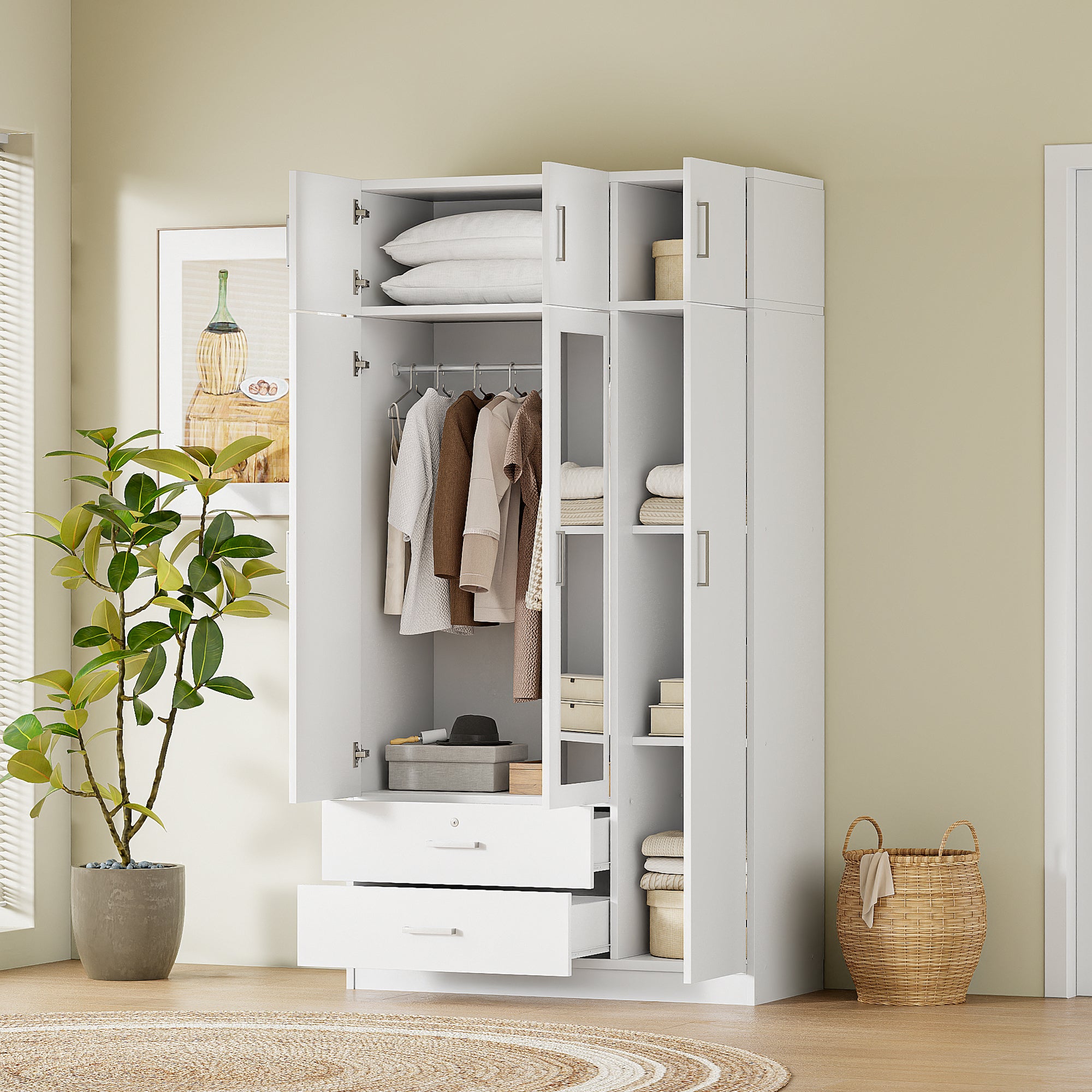 3-Door Mirror Wardrobe with 2 Drawers and Top Cabinet,White