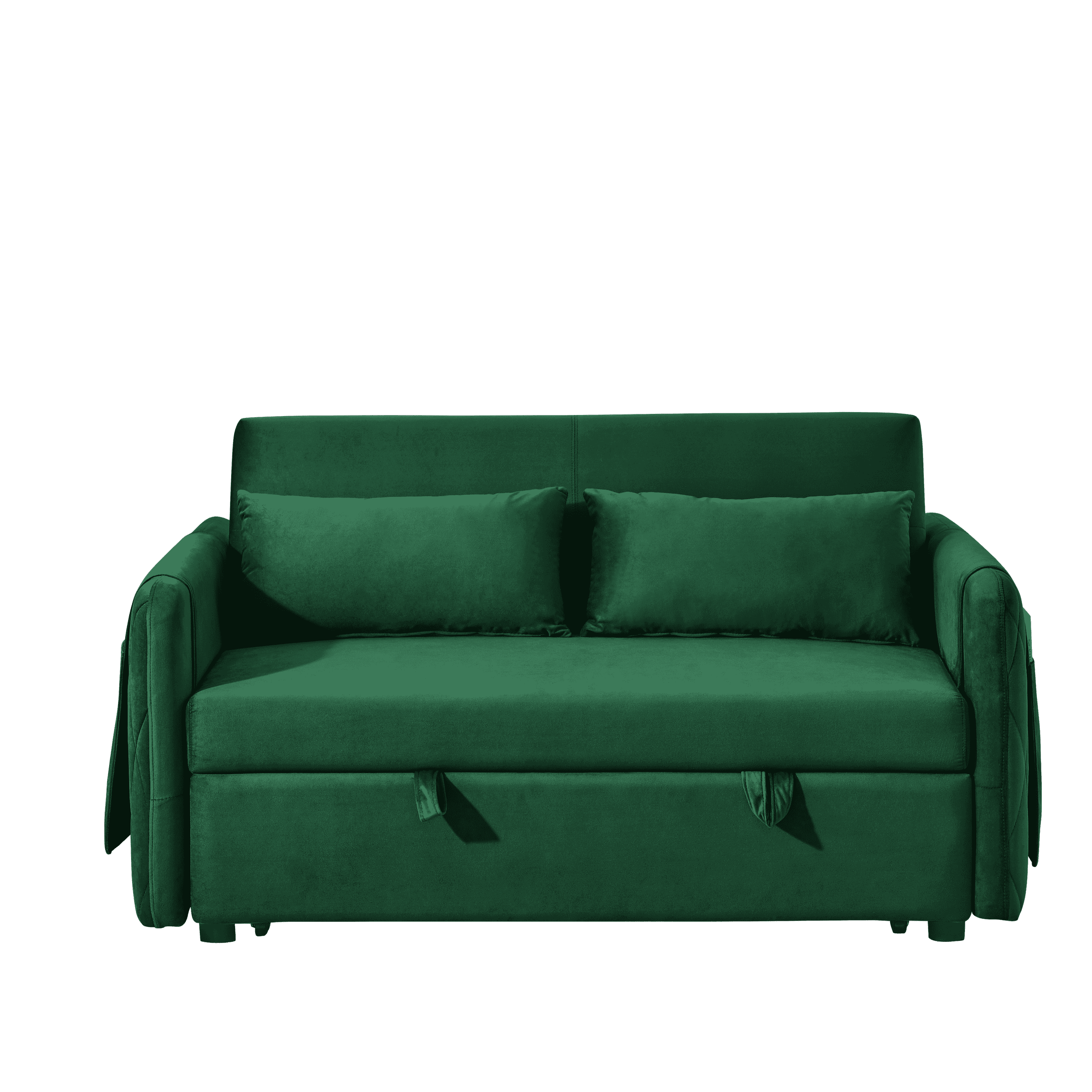 55" Modern Convertible Sofa Bed with 2 Detachable Arm Pockets, Velvet Loveseat Sofa with Pull Out Bed, 2 Pillows and Living Room Adjustable Backrest, Grid Design Armrests