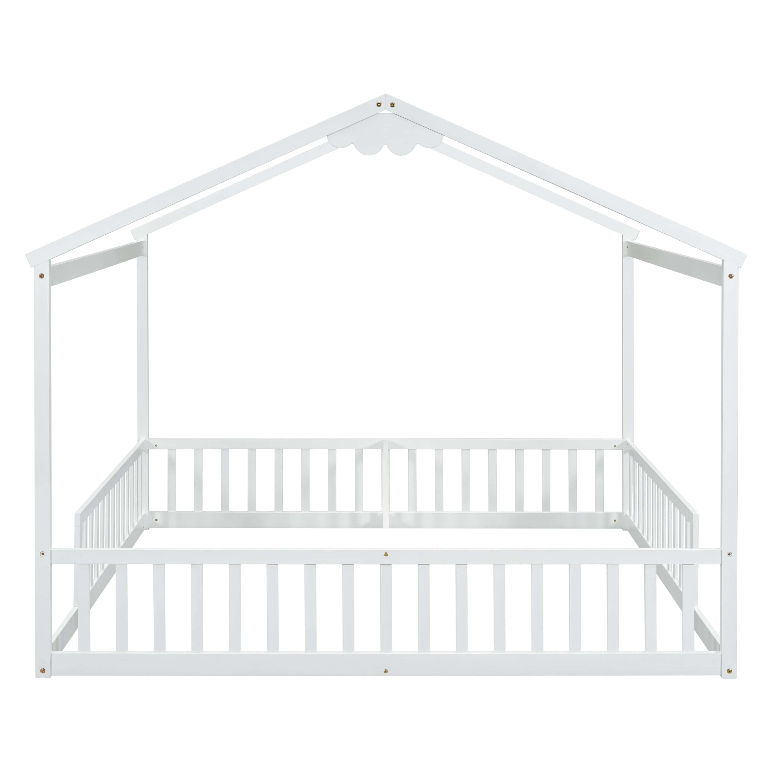 Double Twin House-Style Floor Bed with Fence, Guardrails, without door, White