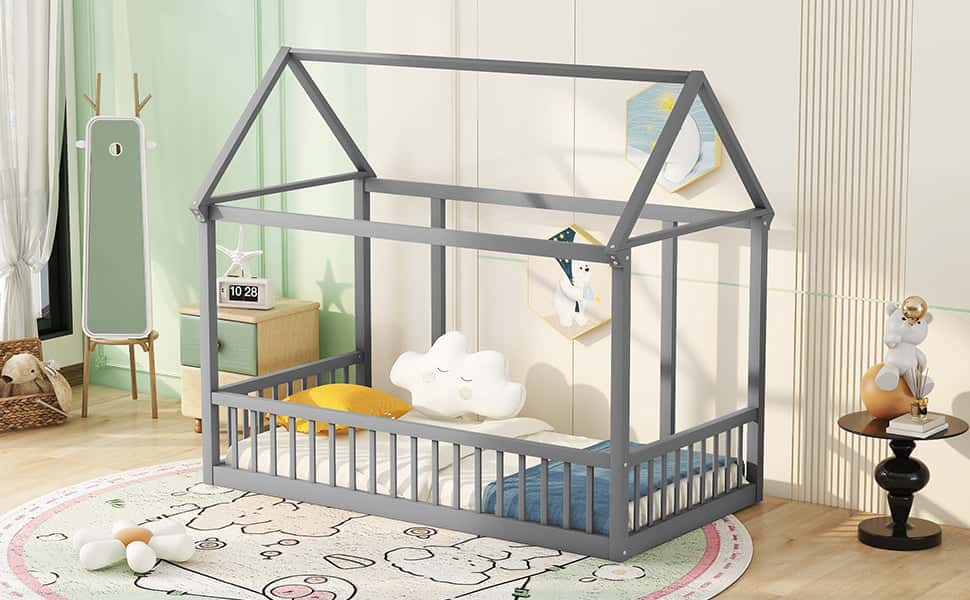 Twin Size Floor Wooden Bed with House Roof Frame and Safety Guardrails ,Gray