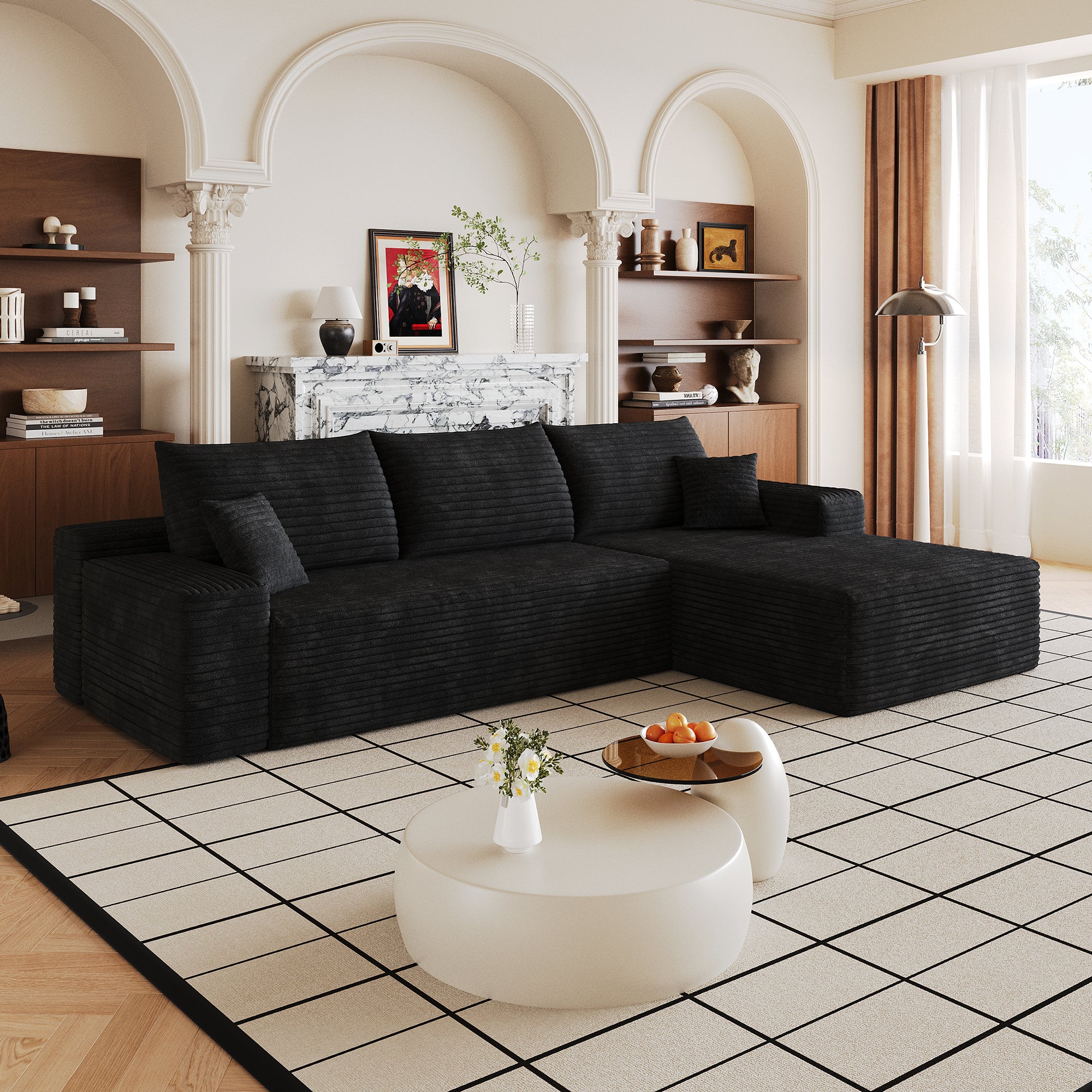 Black corduroy L-shape sectional sofa, 107 inch, front view